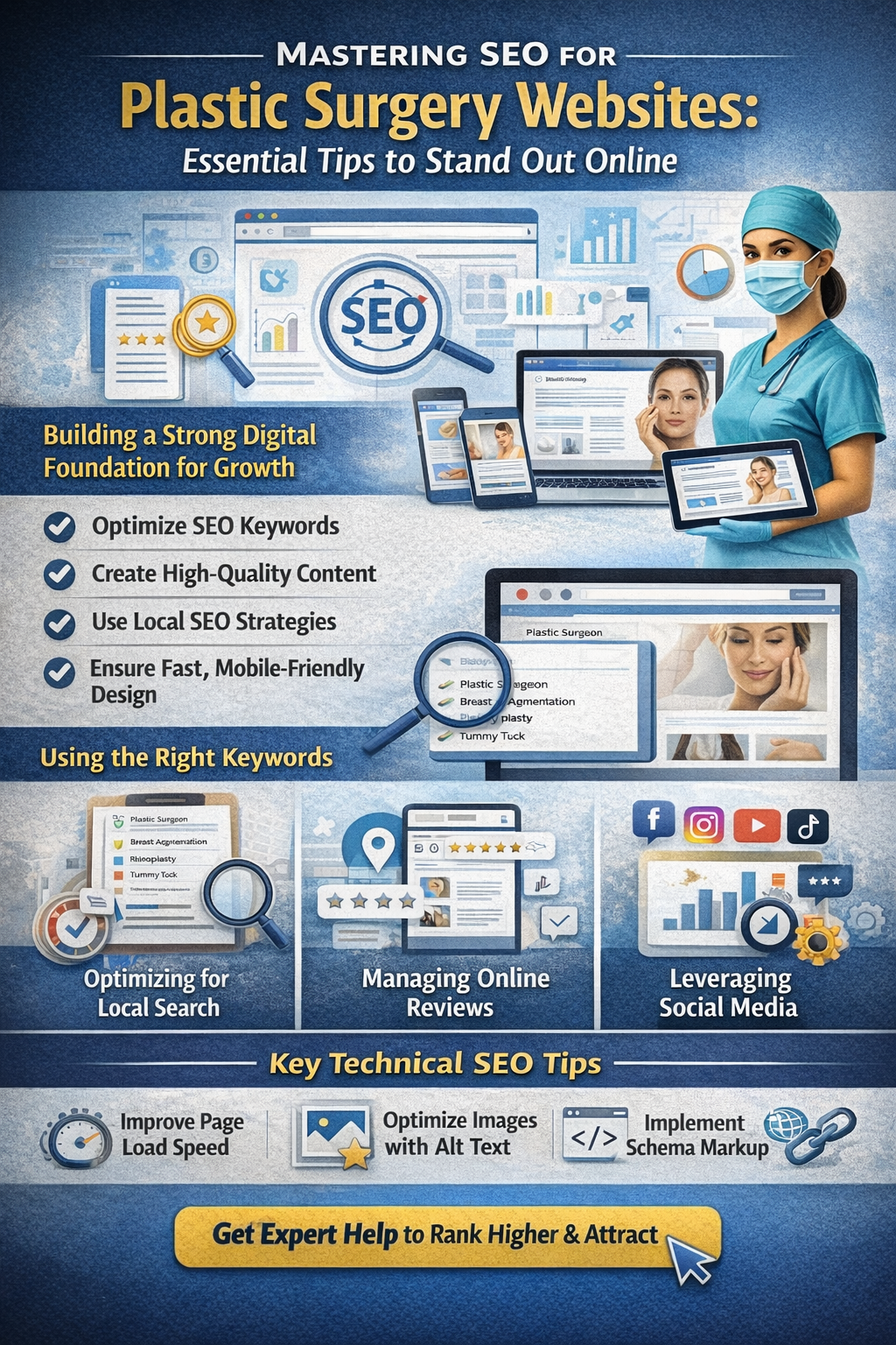Mastering SEO for Plastic Surgery Websites: Essential Tips to Stand Out Online
Building a Strong Digital Foundation for Growth
In today’s competitive market, plastic surgeons cannot rely on word-of-mouth alone to attract new patients. The vast majority of potential patients are increasingly turning to search engines to research cosmetic surgery procedures, compare providers, and evaluate patient reviews before making a decision. This shift means that a strong digital marketing strategy is no longer optional—it is essential for long-term business growth.
For any plastic surgery practice, your website is often the first impression prospective patients will have. A well-optimized plastic surgery website not only improves visibility in search results but also builds trust and encourages patients to take the next step. At Masterly Tech Group, we help plastic surgeons develop cost effective digital marketing strategies that generate more leads, improve conversion rates, and create a steady stream of new patients.
Understanding the Role of SEO in Plastic Surgery Marketing
Search engine optimization plays a critical role in plastic surgery marketing. It helps plastic surgery clinics appear in relevant search results when patients search for services in their specific location. Without proper SEO, even the most experienced plastic surgeons may struggle to reach their target audience.
Marketing for plastic surgeons must focus on aligning website content with what patients are actively searching for. This includes keywords related to cosmetic surgery, treatment options, recovery expectations, and patient testimonials. By doing so, your practice becomes more visible and credible in a competitive market.
Enhancing Your Website for Search Engines and Patients
A successful plastic surgery marketing plan begins with optimizing your website for both search engines and user experience. Search engines prioritize websites that are easy to navigate, fast-loading, and filled with informative content that answers patient questions.
At the same time, your website must appeal to potential patients by offering clear information, engaging visuals, and trust-building elements like online reviews and before-and-after galleries. Balancing these elements ensures your site performs well in search results while also converting visitors into new patients.
Creating Website Content That Attracts Ideal Patients
High-quality website content is the backbone of any effective marketing strategy. Content marketing allows plastic surgeons to educate patients while improving visibility in search engines.
Your content should focus on:
Detailed explanations of cosmetic surgery procedures
Recovery timelines and patient expectations
Frequently asked questions
Informative blog posts tailored to your target audience
Creating content that speaks directly to your ideal patients helps build trust and positions your practice as a leader in the cosmetic surgery business.
Using High-Quality Images to Increase Engagement
Plastic surgery patients rely heavily on visual information when choosing a provider. High-quality images, including before-and-after photos, are essential for building credibility and showcasing results.
Search engines also value optimized images, so it is important to include descriptive file names and alt text. This improves your visibility in search results and enhances the overall user experience.
The Importance of Page Load Speed
Page load speed is a critical ranking factor for search engines. A slow website can frustrate visitors and lead to higher bounce rates, reducing your chances of converting potential patients.
To improve performance:
Compress large images
Use efficient hosting services
Minimize unnecessary scripts
A fast, mobile friendly website ensures that visitors stay engaged and are more likely to schedule consultations.
Key Technical SEO Tips for Plastic Surgery Sites
Technical SEO ensures that search engines can properly crawl and index your website. Without it, even the best content may not appear in search results.
Implementing Schema Markup for Better Visibility
Schema markup helps search engines understand your website content more clearly. For plastic surgery clinics, this can include structured data for services, patient reviews, and contact information.
When implemented correctly, schema markup can enhance your listings in search results, making them more appealing and increasing click-through rates.
Optimizing for Local Search and Geographic Location
Local SEO is essential for plastic surgery marketing. Most patients search for services within their geographic location, making it important to optimize your website for local keywords.
This includes:
Listing your practice on review sites
Optimizing Google Business profiles
Including location-specific keywords in your website content
Focusing on a specific location helps attract patients who are ready to book consultations.
Managing Online Reviews and Reputation
Online reviews play a significant role in patient decision-making. Positive reviews can build trust, while negative reviews can deter potential patients.
Encourage satisfied patients to leave reviews and respond professionally to feedback. This demonstrates transparency and commitment to patient satisfaction.
Leveraging Social Media Marketing for Growth
Social media marketing is a powerful tool for engaging with patients and showcasing your expertise. A strong social media presence allows plastic surgeons to share updates, educational content, and patient success stories.
Platforms like Instagram and Facebook are particularly effective for cosmetic surgery marketing, as they allow for visual storytelling and direct interaction with prospective patients.
Integrating Paid Advertising with SEO Efforts
While SEO provides long-term benefits, paid online advertising can deliver immediate results. Combining both strategies creates a comprehensive marketing plan.
Pay Per Click Advertising for Immediate Visibility
Pay per click advertising allows your practice to appear at the top of search results for targeted keywords. This is especially useful for competitive procedures and high-demand services.
Ad campaigns should be carefully managed to ensure they are cost effective and aligned with your overall marketing strategy.
Using Email Marketing to Nurture Leads
Email marketing is an effective way to stay connected with prospective patients. By sharing informative content, promotions, and updates, you can build relationships and encourage repeat visits.
This approach supports lead management and helps convert inquiries into new patients.
Balancing Online and Offline Marketing Activities
While digital marketing is essential, offline marketing strategies still have value. Direct mail, local events, and community engagement can complement your online efforts.
Combining online marketing with offline marketing creates a well-rounded approach that reaches a broader audience.
How a User-Friendly Site Boosts SEO Rankings and Patient Satisfaction
User experience is a major factor in search engine rankings. A user-friendly website not only improves SEO but also enhances patient satisfaction.
Designing a Mobile Friendly Experience
A mobile friendly website is essential, as many patients access information on their phones. Responsive design ensures that your site functions properly on all devices.
This improves both search rankings and the overall experience for users.
Simplifying Navigation for Better Engagement
Clear navigation helps visitors find the information they need quickly. This reduces frustration and encourages them to explore your services further.
An intuitive layout is key to keeping potential patients engaged.
Building Trust Through Patient Testimonials
Patient testimonials provide social proof and help build credibility. Including real stories and positive reviews can reassure prospective patients and encourage them to take action.
Addressing Negative Reviews Professionally
Negative reviews are inevitable, but how you respond matters. Addressing concerns respectfully and offering solutions demonstrates professionalism and builds trust.
Creating a Seamless Conversion Path
Every element of your website should guide visitors toward taking action. This includes clear calls to action, easy appointment scheduling, and accessible contact information.
Improving conversion rates requires attention to both design and content.
Staying Compliant with State Regulations
Plastic surgery marketing must comply with state regulations and ethical standards. This includes accurate representation of services, proper use of patient images, and transparent communication.
Adhering to these guidelines protects your practice and builds trust with patients.
Measuring Success and Adjusting Your Strategy
Tracking performance is essential for continuous improvement. Monitor metrics such as website traffic, conversion rates, and engagement levels to evaluate your marketing activities.
Regular analysis allows you to refine your strategy and achieve better results over time.
Working with Marketing Experts for Better Results
Partnering with a marketing agency can help streamline your efforts and improve outcomes. Marketing experts understand the unique challenges of plastic surgery marketing and can develop tailored strategies for your practice.