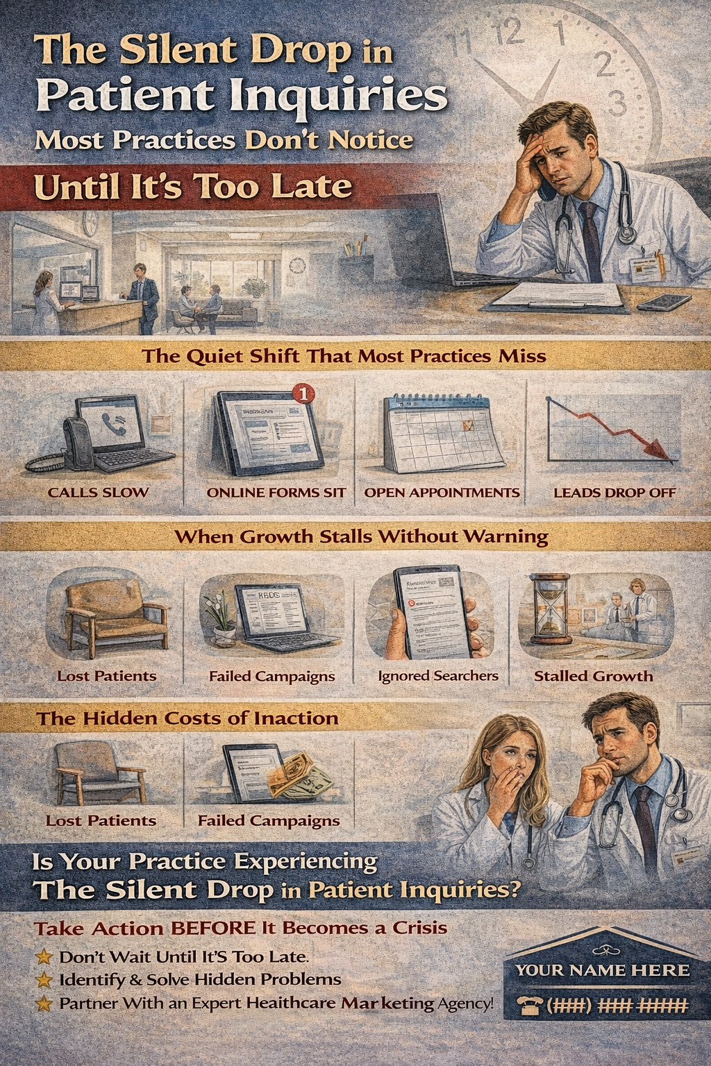 The Silent Drop in Patient Inquiries Most Practices Don’t Notice Until It’s Too Late.” It shows a stressed doctor sitting at a desk with a phone and laptop, symbolizing declining patient inquiries.
The graphic illustrates a gradual slowdown in patient engagement, including fewer phone calls, untouched online forms, open appointment slots, and declining leads. Another section highlights the effects of stalled growth, such as lost patients, failed marketing campaigns, ignored online searches, and overall business decline.
It also emphasizes the hidden costs of inaction, showing financial loss and concern among healthcare professionals.
The infographic concludes with a call to action asking if the practice is experiencing a decline and encourages taking action before it becomes a crisis, including identifying problems and partnering with a healthcare marketing agency.