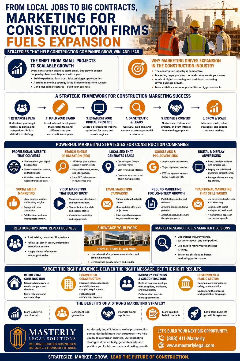 From Local Jobs to Big Contracts, Marketing for Construction Firms Fuels Expansion.” The design explains how construction companies can grow from small local projects to larger contracts through effective marketing strategies. Sections highlight the importance of branding, digital presence, and a structured marketing framework, including research, brand building, website development, lead generation, and scaling. Additional panels cover key tactics such as search engine optimization (SEO), local SEO, Google Ads, digital advertising, social media marketing, video marketing, email campaigns, and inbound marketing. The infographic also emphasizes the value of showcasing past projects, building relationships with existing customers, and using market research to guide decisions. A section outlines targeting different audiences such as residential, commercial, and public sector clients. The footer promotes Masterly Legal Solutions and encourages businesses to invest in marketing to drive growth and secure larger opportunities.
