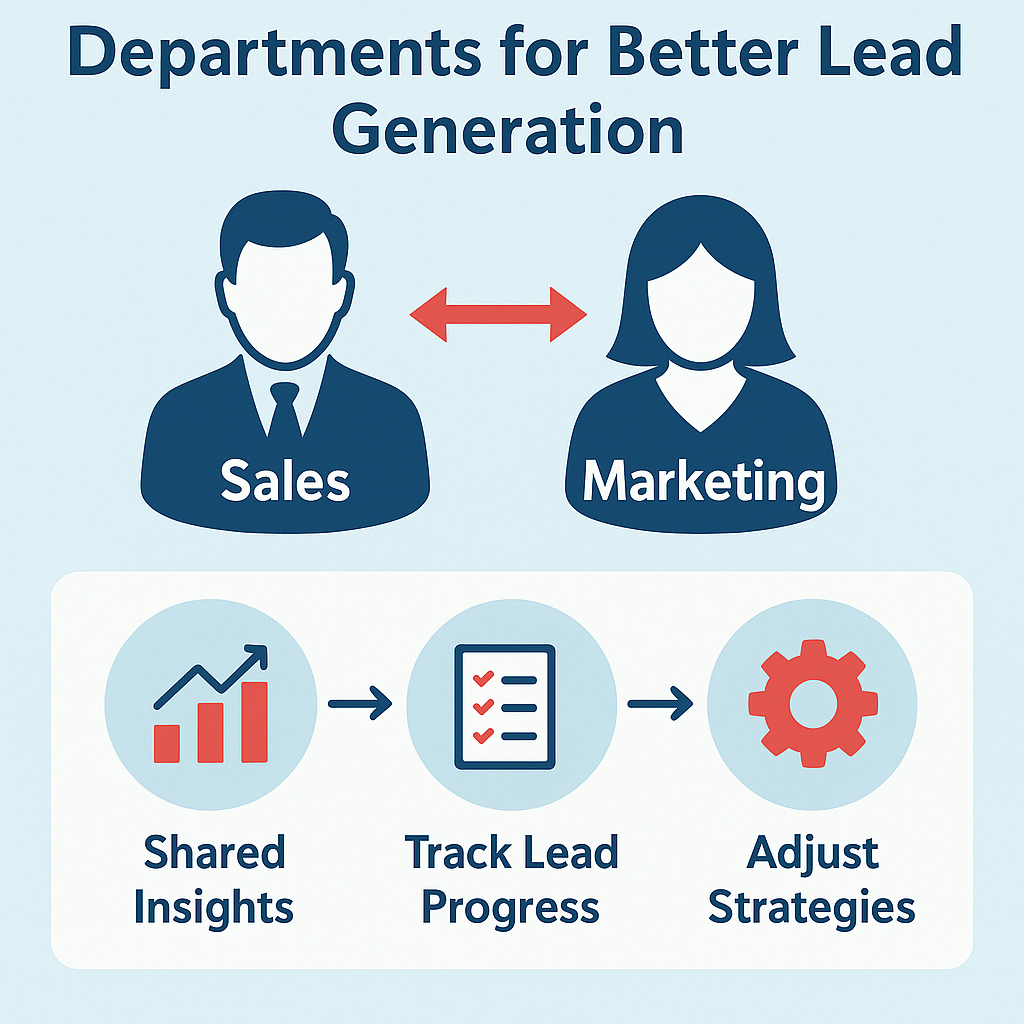 Infographic titled 'Departments for Better Lead Generation,' showing icons for Sales and Marketing connected by a two-way red arrow, with three additional icons below representing Shared Insights, Tracking Lead Progress, and Adjusting Strategies, all on a light blue background.
