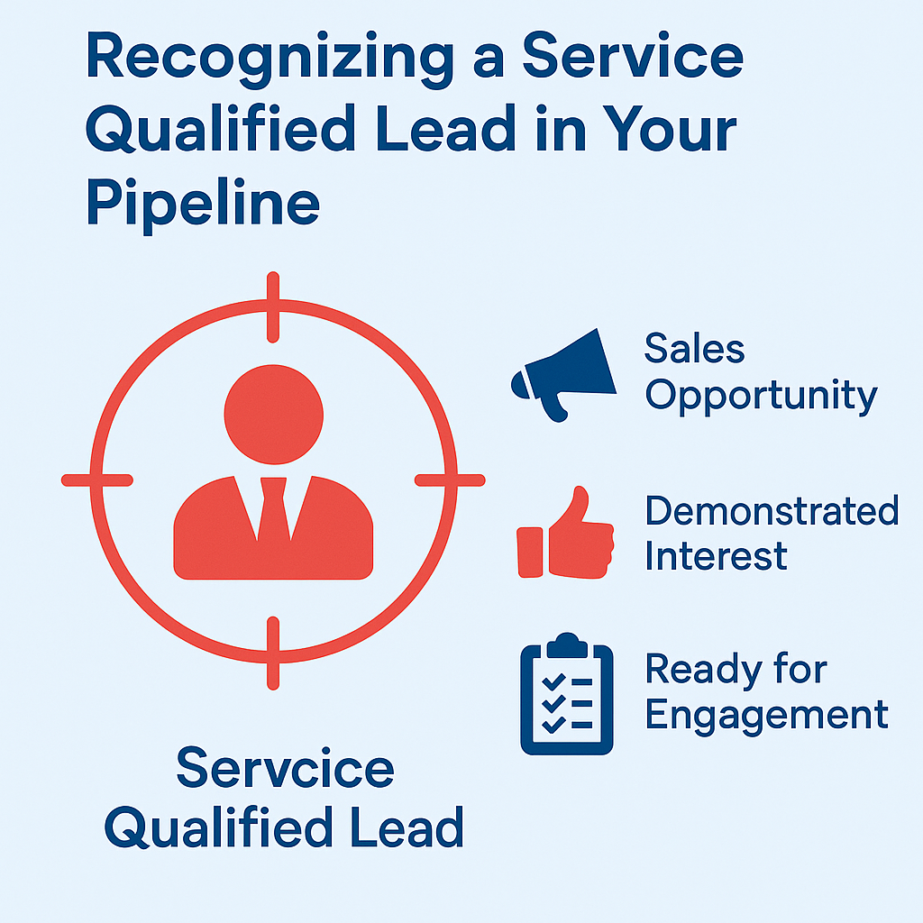 Infographic titled 'Recognizing a Service Qualified Lead in Your Pipeline,' showing a red crosshair symbol targeting a businessperson icon, alongside labeled icons for Sales Opportunity, Demonstrated Interest, and Ready for Engagement, all set against a light blue background.