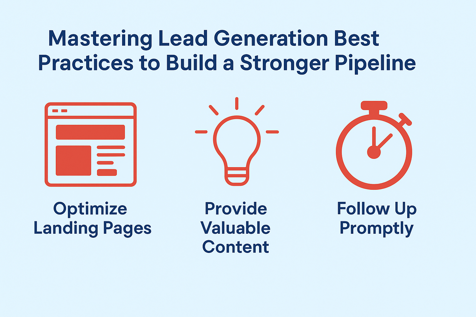 Infographic titled 'Mastering Lead Generation Best Practices to Build a Stronger Pipeline,' featuring three red icons representing key strategies: optimizing landing pages, providing valuable content, and following up promptly, all set against a light blue background.