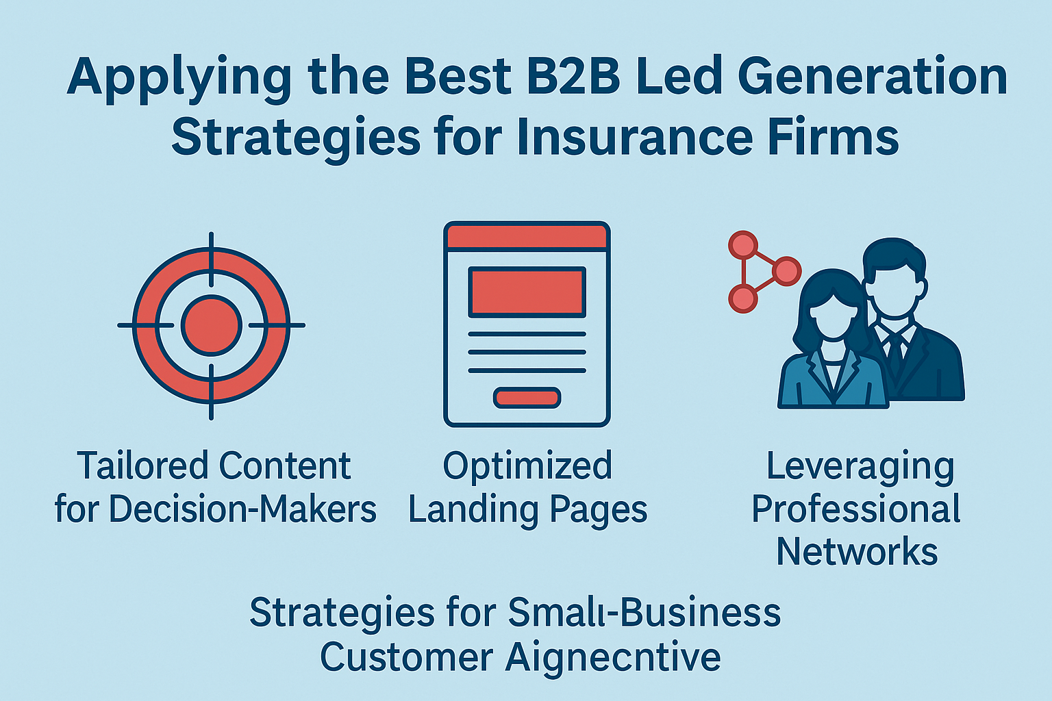 Infographic titled 'Applying the Best B2B Lead Generation Strategies for Insurance Firms,' showing three key strategies with icons: tailored content for decision-makers, optimized landing pages, and leveraging professional networks, all presented on a clean light blue background.