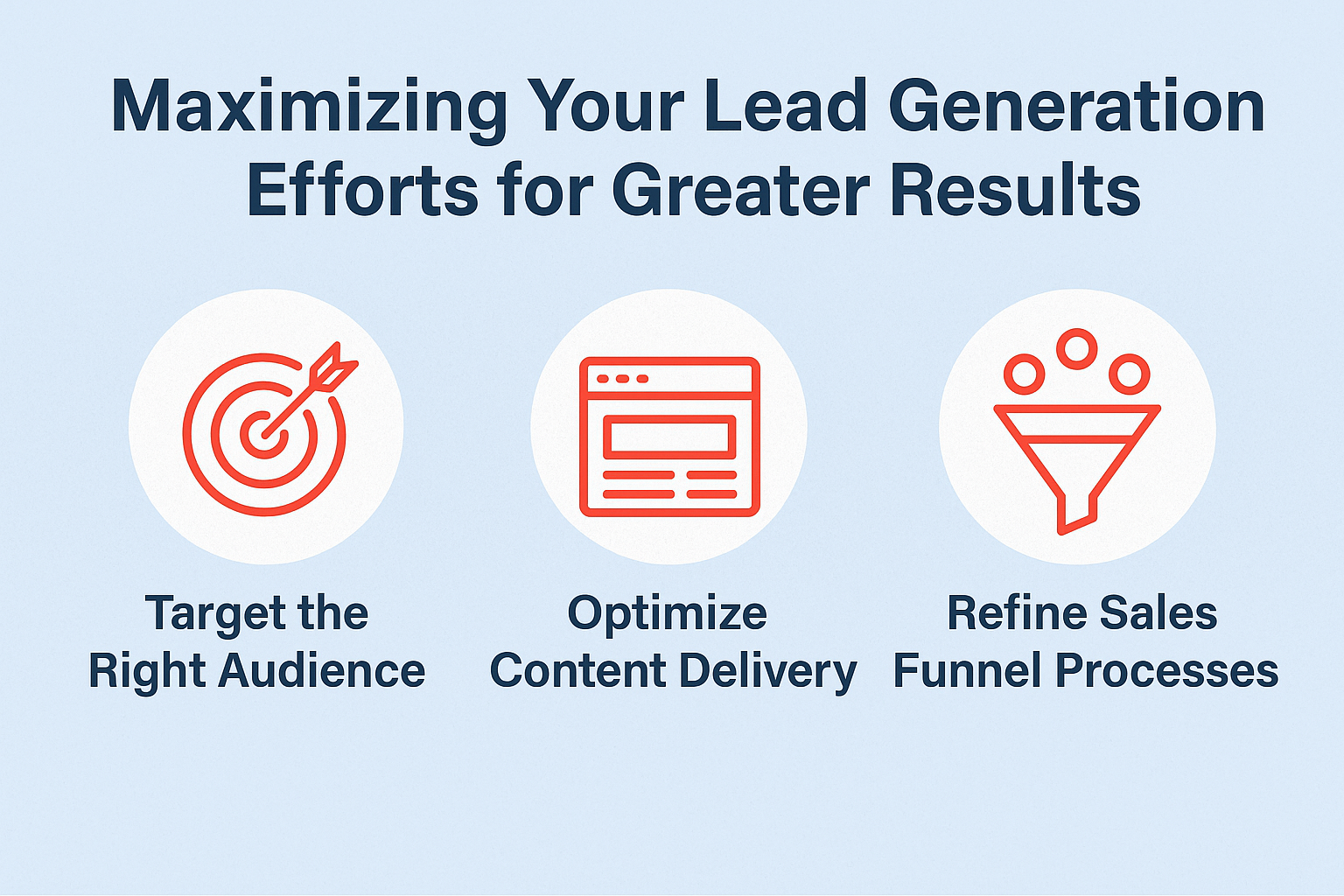 Infographic titled 'Maximizing Your Lead Generation Efforts for Greater Results,' featuring three key strategies with red icons: targeting the right audience, optimizing content delivery, and refining sales funnel processes, all displayed on a light blue background.