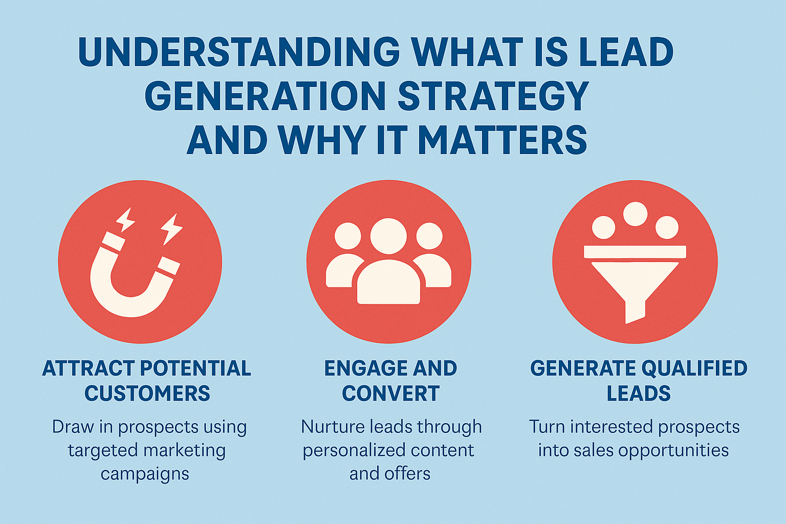 Infographic titled 'Understanding What Is Lead Generation Strategy and Why It Matters,' featuring three red icons and sections: attracting potential customers with marketing campaigns, engaging and converting through personalized content, and generating qualified leads, all on a light blue background.