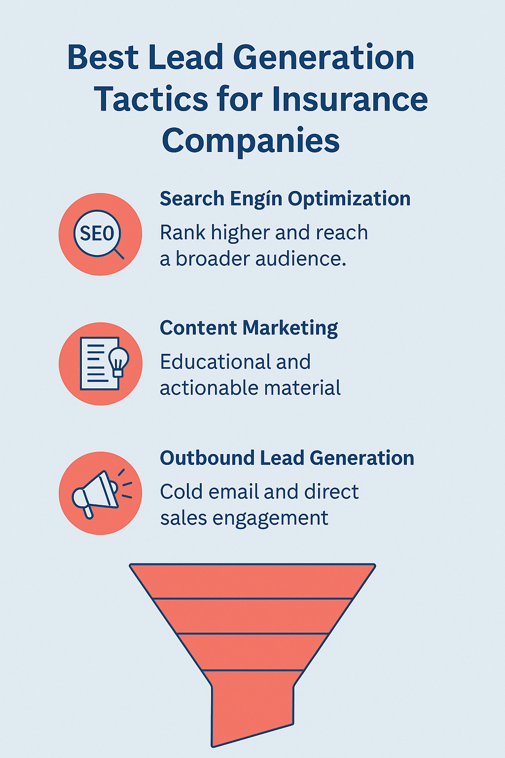 Infographic titled 'Best Lead Generation Tactics for Insurance Companies,' featuring three key strategies—Search Engine Optimization, Content Marketing, and Outbound Lead Generation—with red circular icons and a red sales funnel graphic on a light blue background.