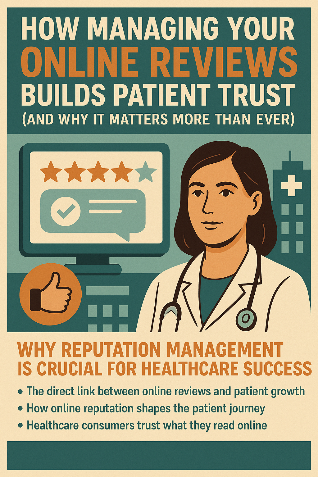 An illustrated infographic featuring a female doctor in a white coat and stethoscope beside a computer screen displaying a five-star rating system and a positive review icon. Bold headlines emphasize the importance of managing online reviews to build patient trust, with bullet points highlighting key reasons reputation management is crucial for healthcare success. The design uses teal, orange, and beige tones for a clean and professional look.