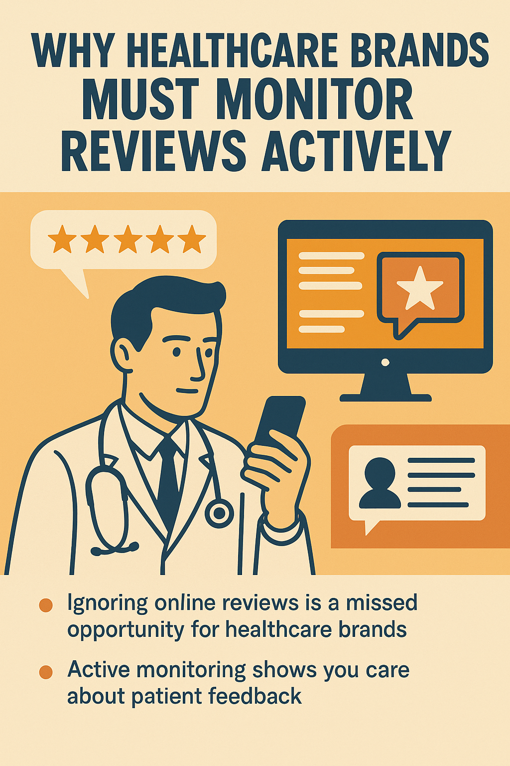 An illustrated infographic showing a male doctor in a white coat and stethoscope holding a smartphone while monitoring online reviews. Surrounding him are graphics of a computer screen with a star review icon, a speech bubble with five gold stars, and a patient feedback message. Bold text emphasizes the importance of healthcare brands actively monitoring reviews, set against a warm beige and orange background.