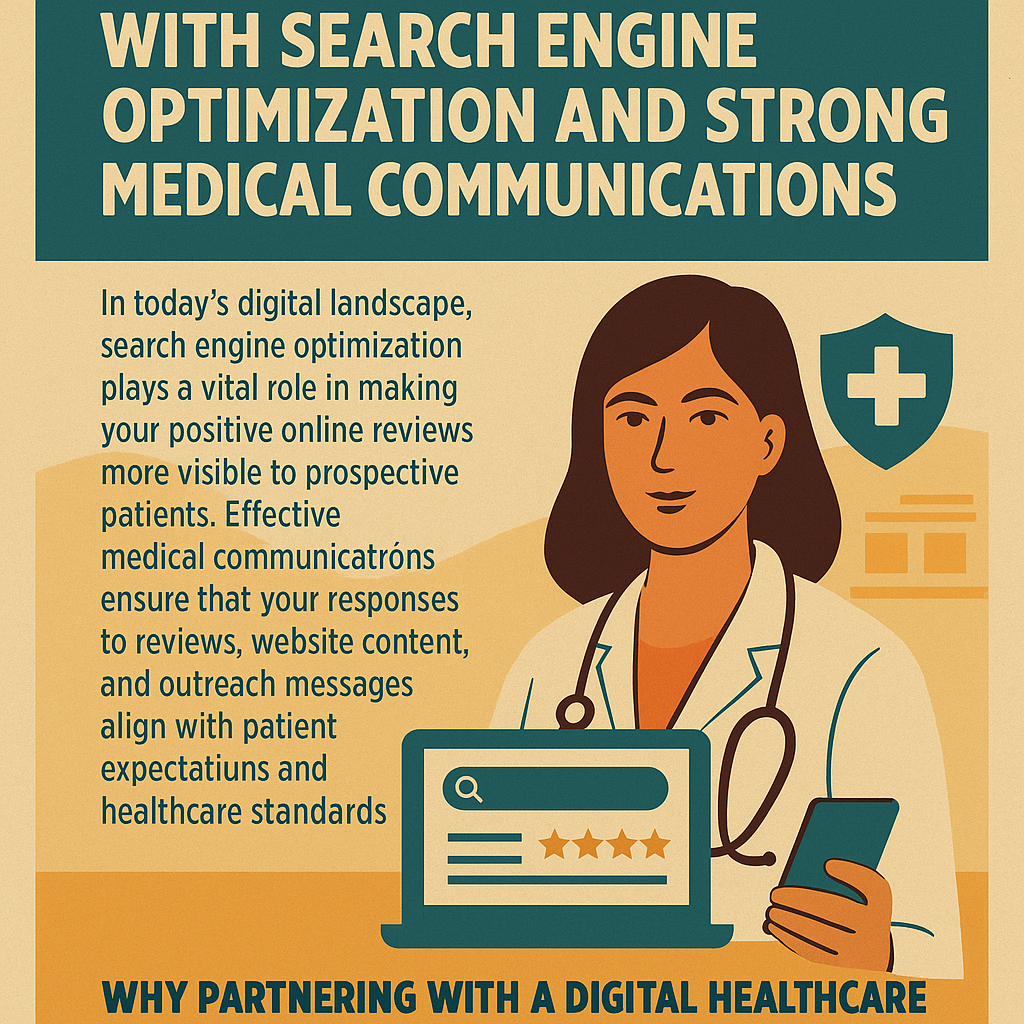 An illustrated infographic showing a female doctor holding a smartphone, with a computer screen displaying a search bar and a five-star review graphic. The headline emphasizes enhancing patient trust through search engine optimization and strong medical communications. Surrounding icons include a healthcare shield symbol, reinforcing the focus on trust and professionalism. 