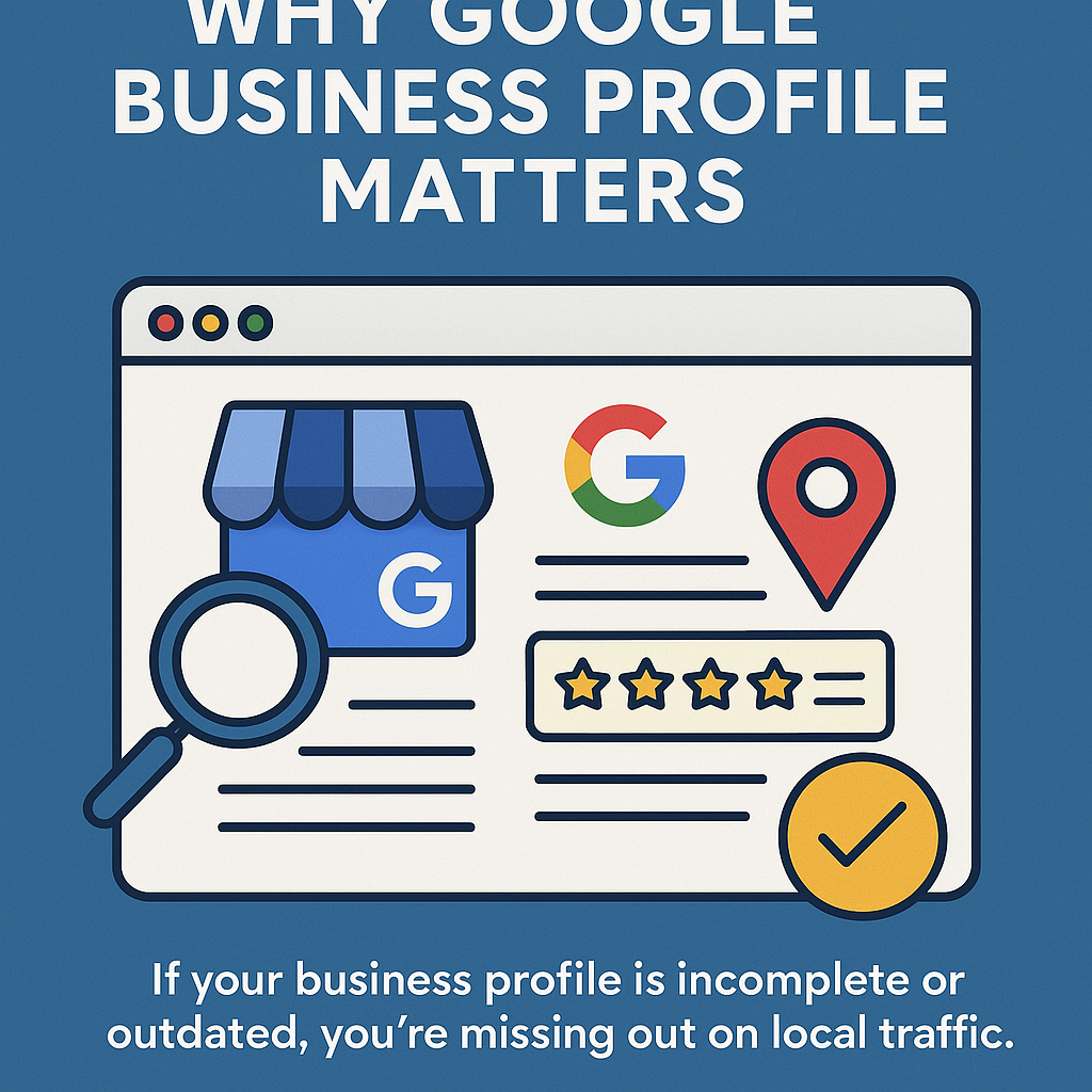 Illustration highlighting the importance of a Google Business Profile, with bold text reading “Why Google Business Profile Matters.” The image features a stylized browser window displaying a storefront icon, Google logo, location pin, five-star review graphic, and a magnifying glass. A yellow checkmark icon reinforces the need for accuracy. Below, a caption states, “If your business profile is incomplete or outdated, you’re missing out on local traffic,” emphasizing the value of local SEO for businesses.