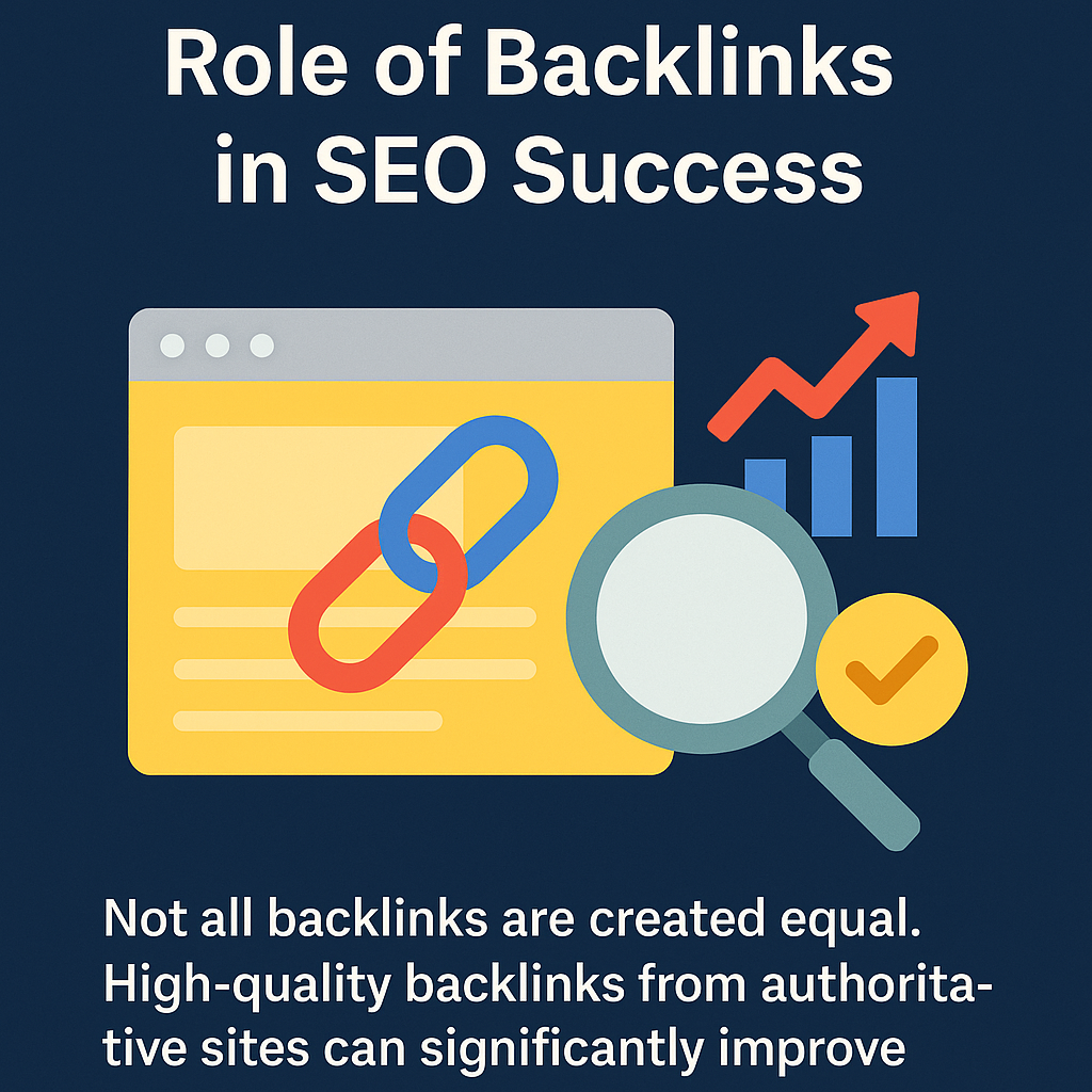 Illustration with the title “Role of Backlinks in SEO Success” displayed prominently at the top. Below, a stylized web browser window shows two interlocking chain links representing backlinks. Surrounding elements include a magnifying glass, a rising bar chart with an upward red arrow, and a yellow checkmark icon. The caption beneath reads, “Not all backlinks are created equal. High-quality backlinks from authoritative sites can significantly improve,” highlighting the importance of backlink quality in SEO strategy.