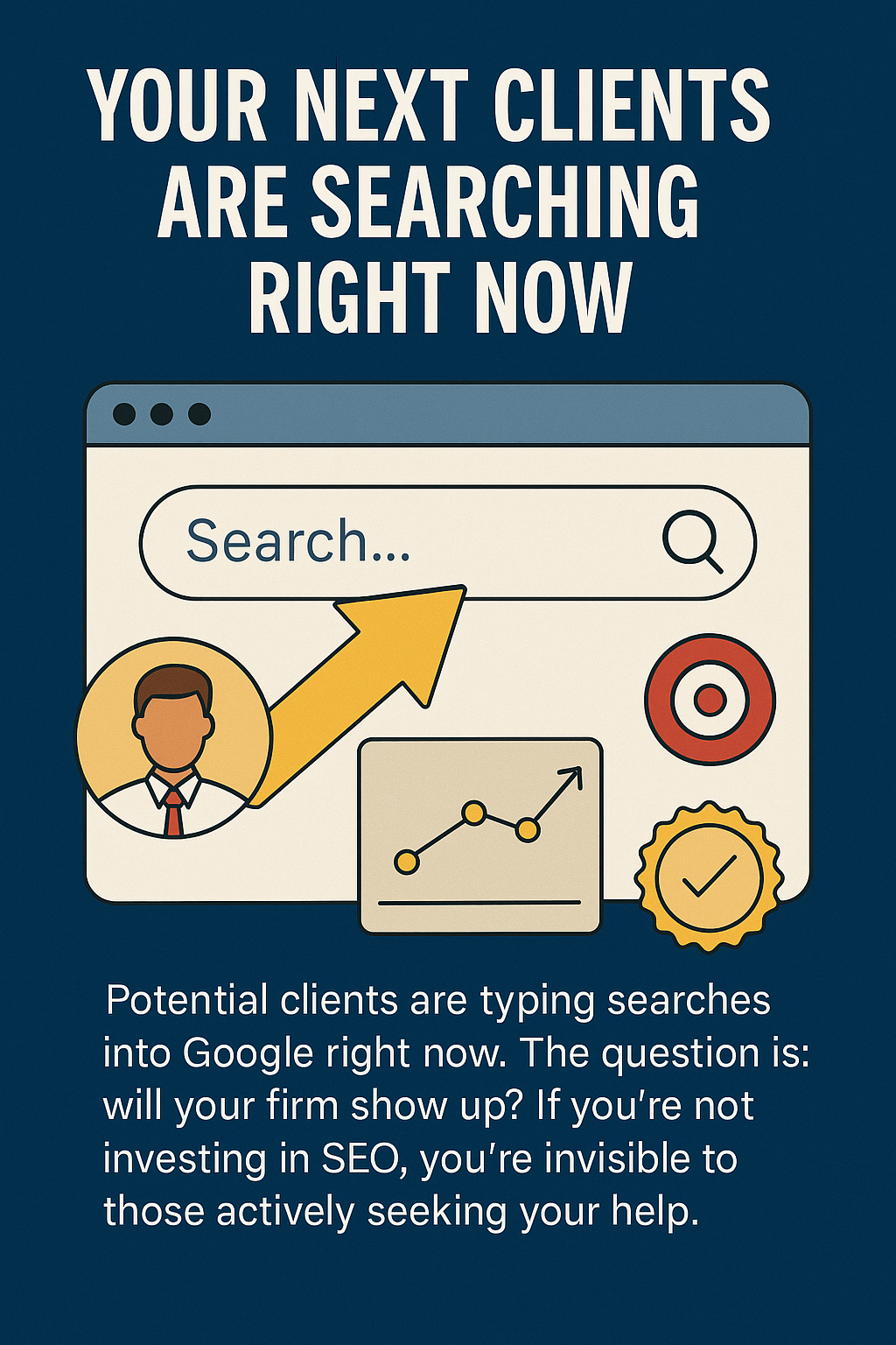 Illustration with bold white text at the top reading “YOUR NEXT CLIENTS ARE SEARCHING RIGHT NOW” on a dark blue background. Below, a browser window features a search bar with the word “Search…” and a large yellow upward arrow. Additional icons include a male business avatar, a rising line graph, a red target, and a gold checkmark badge—symbolizing online search behavior, SEO growth, and credibility. A caption underneath emphasizes the message: “If you’re not investing in SEO, you’re invisible to those actively seeking your help.