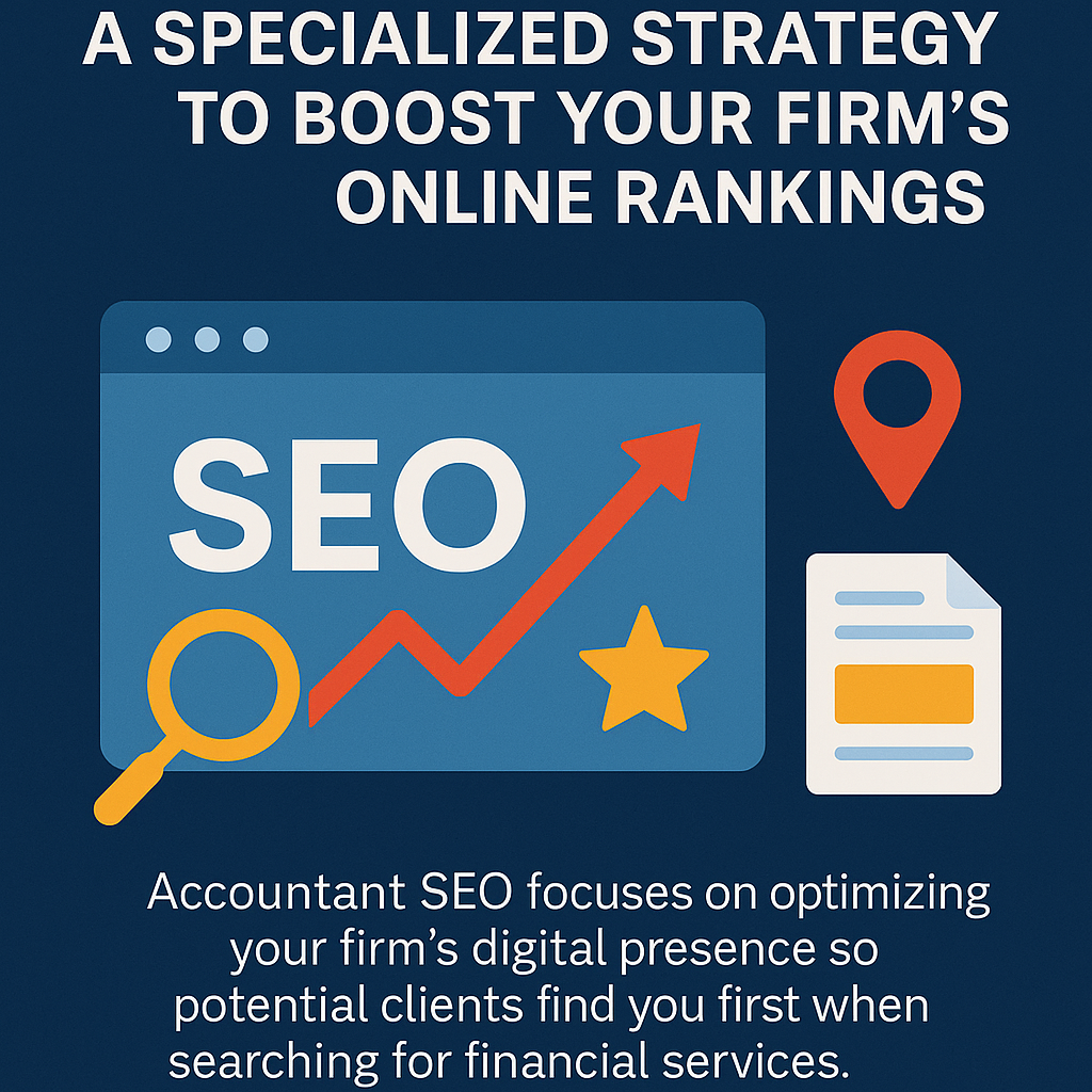 Illustration featuring the headline “A Specialized Strategy to Boost Your Firm’s Online Rankings” in bold white text on a dark blue background. Below, a web browser graphic displays the word “SEO” with a rising red arrow, accompanied by icons of a magnifying glass, a gold star, a red map pin, and a document. The caption explains that accountant SEO enhances a firm’s digital presence so potential clients can easily find financial services online.