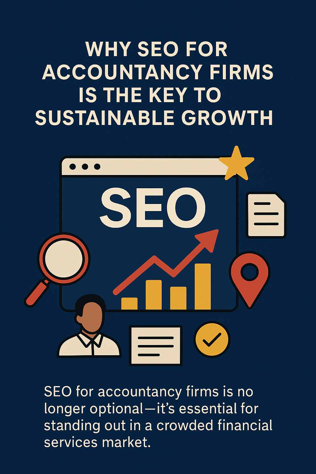 Illustration with a bold headline reading “Why SEO for Accountancy Firms Is the Key to Sustainable Growth” on a navy blue background. Below, a browser window graphic displays the word “SEO” alongside a red upward-trending arrow over a yellow bar graph. Surrounding icons include a magnifying glass, location pin, person avatar, document, checkmark, and a star—representing digital marketing tools and success indicators. A caption underneath emphasizes that SEO is essential for accountancy firms to stand out in a competitive financial market.