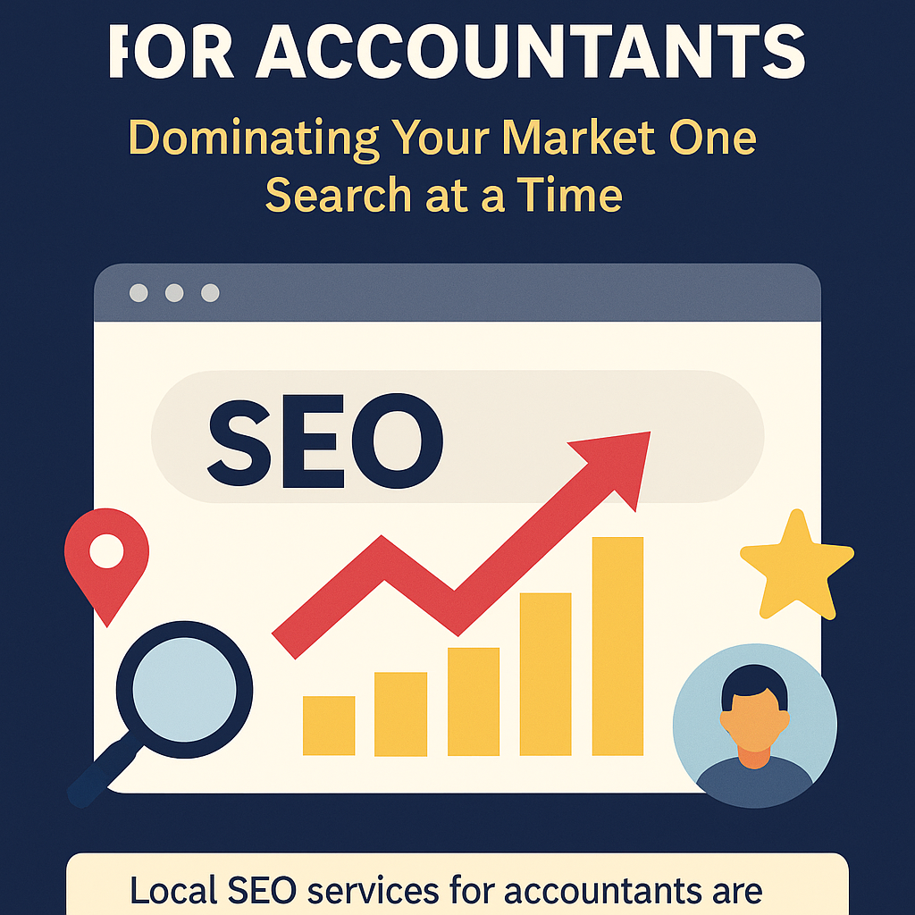 Illustration with the headline “Local SEO Services for Accountants” in bold white text and a yellow subheading “Dominating Your Market One Search at a Time,” set against a dark navy background. Below, a web browser window graphic features the word “SEO,” a rising red arrow on a bar graph, and supporting icons including a red location pin, magnifying glass, gold star, and a male avatar. The visual highlights the importance of local SEO strategies for accounting firms aiming to increase visibility in their geographic markets.