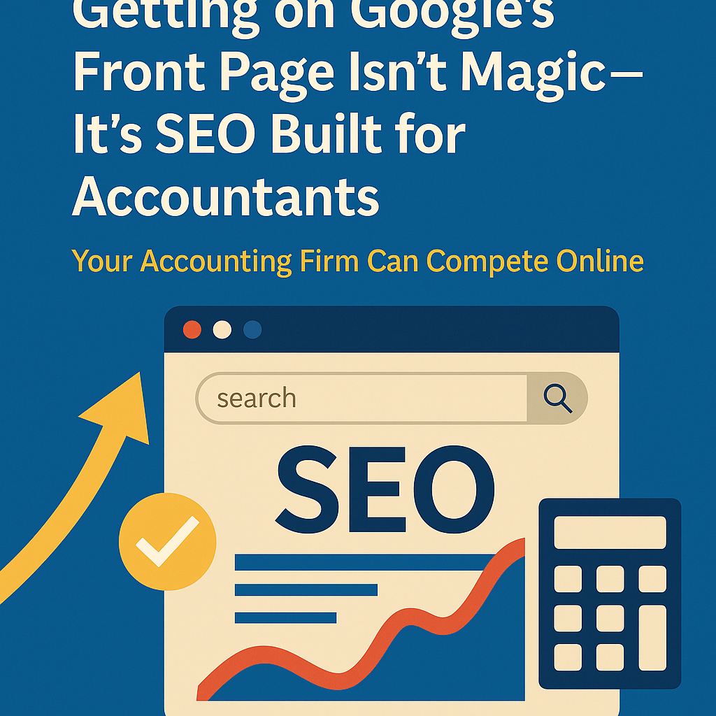 Illustration emphasizing SEO for accounting firms with bold text stating, “Getting on Google’s Front Page Isn’t Magic—It’s SEO Built for Accountants,” followed by the subheading, “Your Accounting Firm Can Compete Online.” The image features a browser window labeled “SEO” with a red upward graph line, a yellow arrow indicating growth, a calculator icon, and a checkmark badge—symbolizing data-driven, strategic SEO tailored for accountants.
