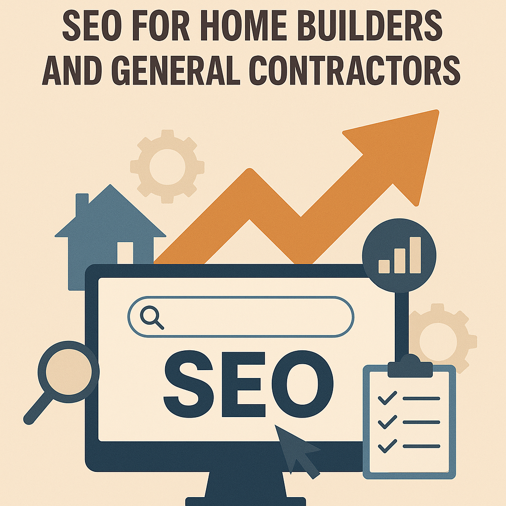 A flat-design digital illustration with the title “SEO for Home Builders and General Contractors” in bold dark brown text on a beige background. Below, a computer monitor displays a search bar and the large text “SEO,” surrounded by icons including a magnifying glass, a house silhouette, gears, a rising orange arrow, a bar chart, and a checklist clipboard—symbolizing growth, optimization, and industry-specific search marketing.