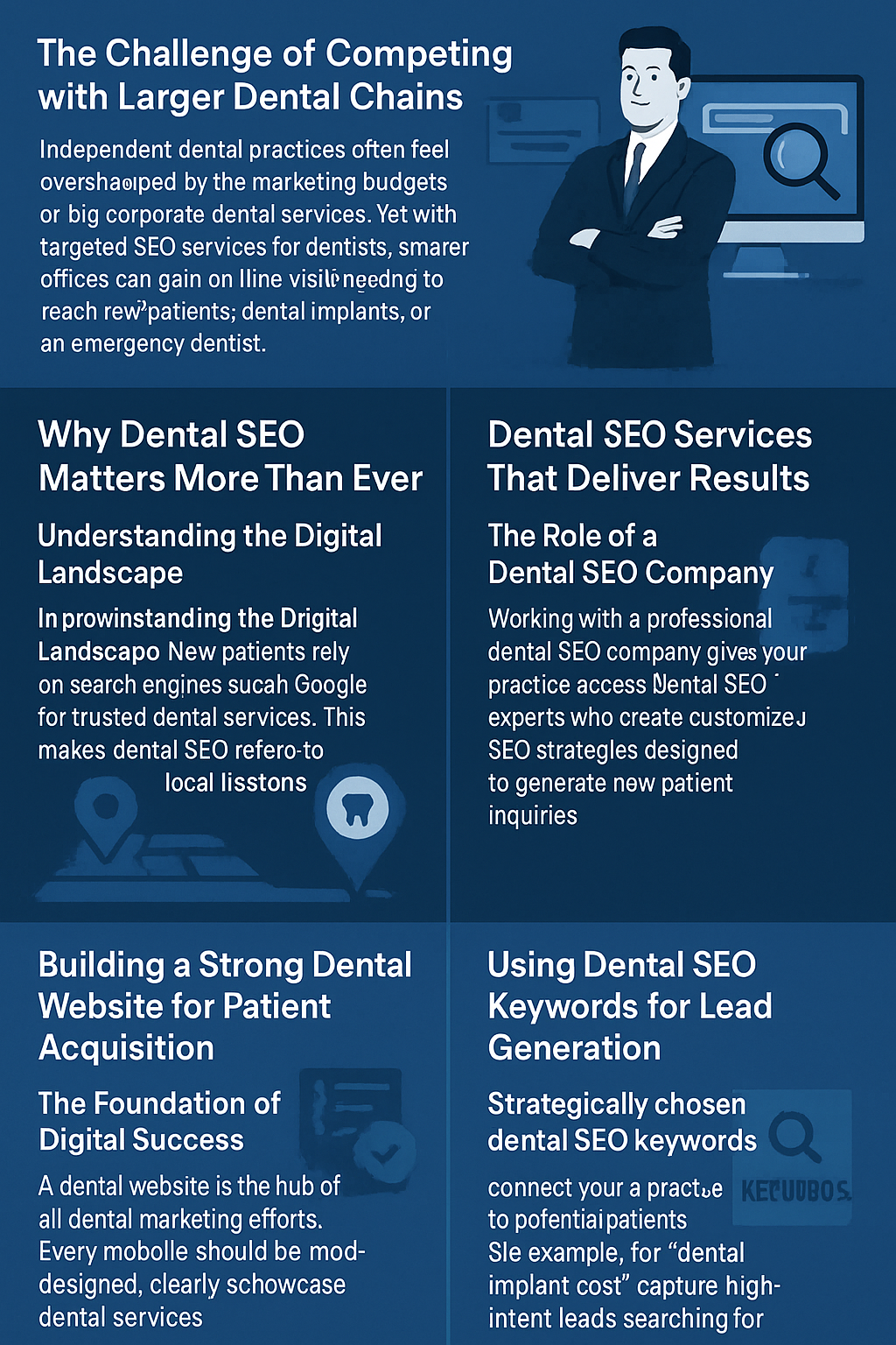 Infographic with a blue and white color scheme explaining how SEO services help small dental practices compete with larger dental chains. Sections include: the challenge of competing with big dental groups, why dental SEO matters, dental SEO services that deliver results, building a strong dental website, and using dental SEO keywords for lead generation. Icons such as magnifying glass, map markers, and keyword search accompany each section.