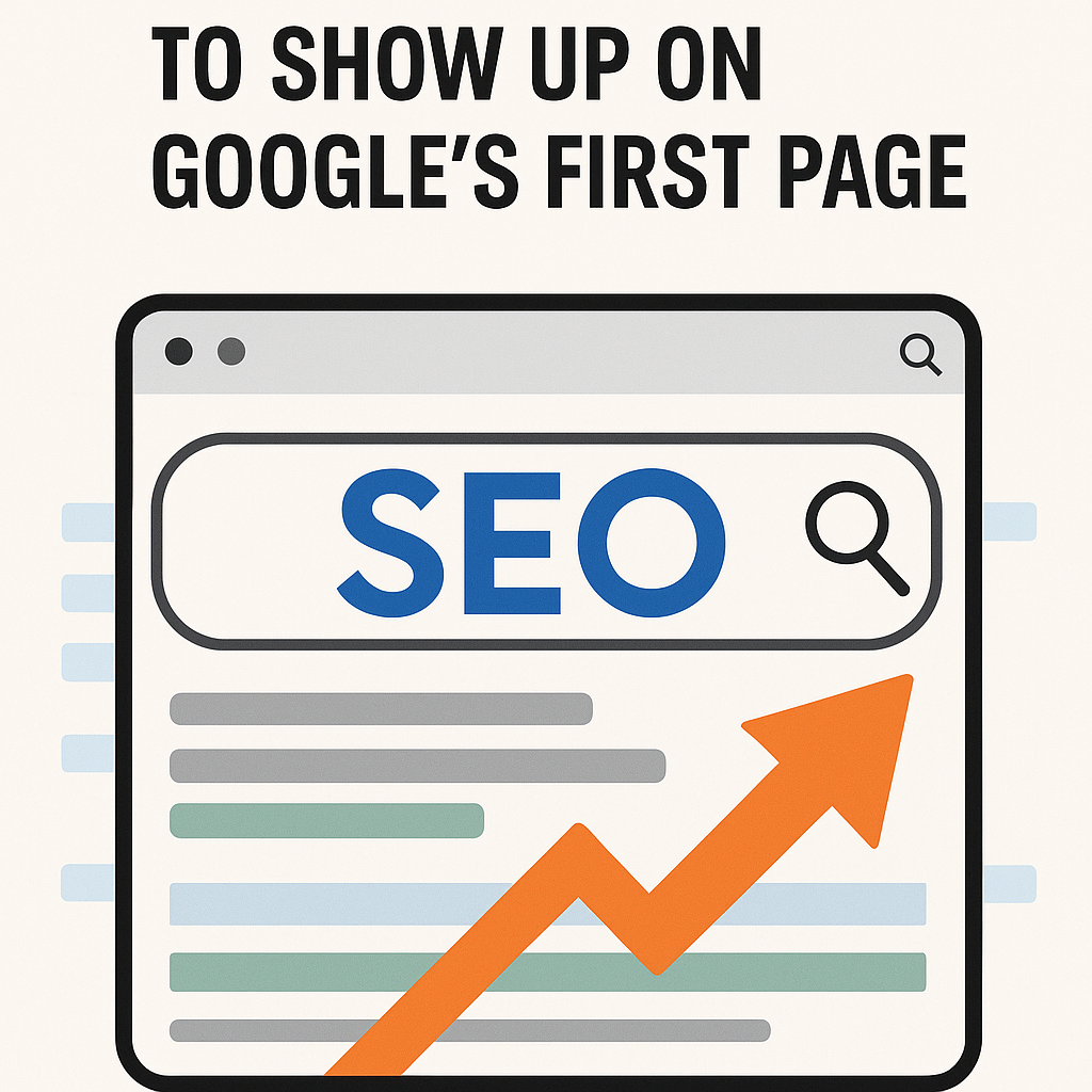 Illustration of a Google search results page with the word “SEO” in bold blue letters inside a search bar. Below, colored lines represent search listings, while an orange upward arrow points diagonally across the page, symbolizing growth and higher rankings. At the top, text reads “TO SHOW UP ON GOOGLE’S FIRST PAGE.