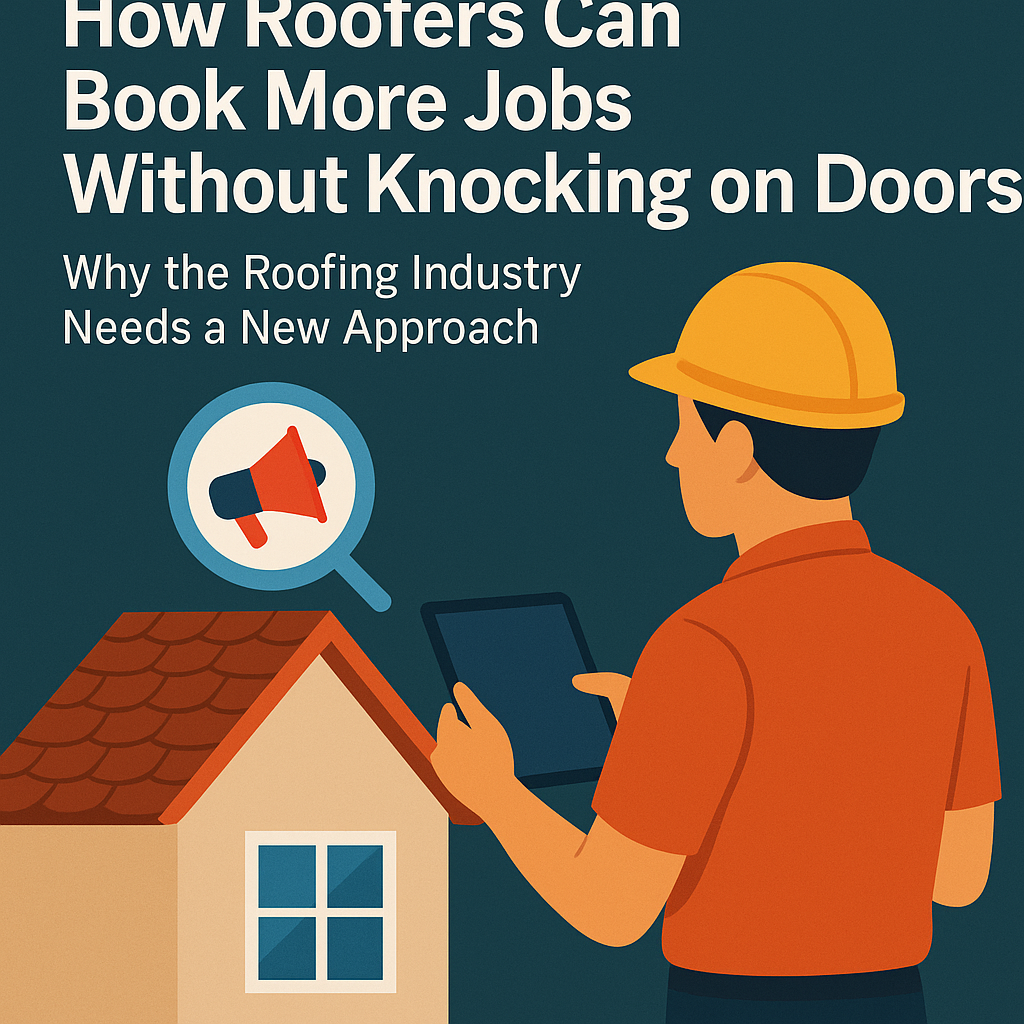 Illustrated graphic showing a roofer in an orange shirt and yellow hard hat holding a tablet while standing next to a house with a new orange roof. Above the house is a magnifying glass icon containing a red megaphone, symbolizing digital marketing. At the top, bold white text reads: “How Roofers Can Book More Jobs Without Knocking on Doors” with the subtitle “Why the Roofing Industry Needs a New Approach.” The design uses a modern, clean style with teal and orange tones to emphasize professionalism and digital strategies.