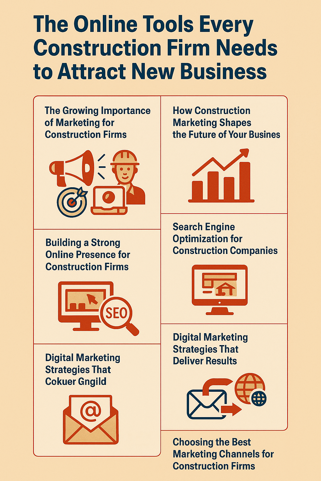 The Online Tools Every Construction Firm Needs to Attract New Business.' The layout is divided into six sections, each with a red icon and navy text. Sections cover: the growing importance of marketing for construction firms, how marketing shapes the future of business, building a strong online presence with SEO, search engine optimization for construction companies, digital marketing strategies like email campaigns, and choosing the best marketing channels. Icons include a megaphone, construction worker, bar chart, computer screen, SEO magnifying glass, and email symbol.