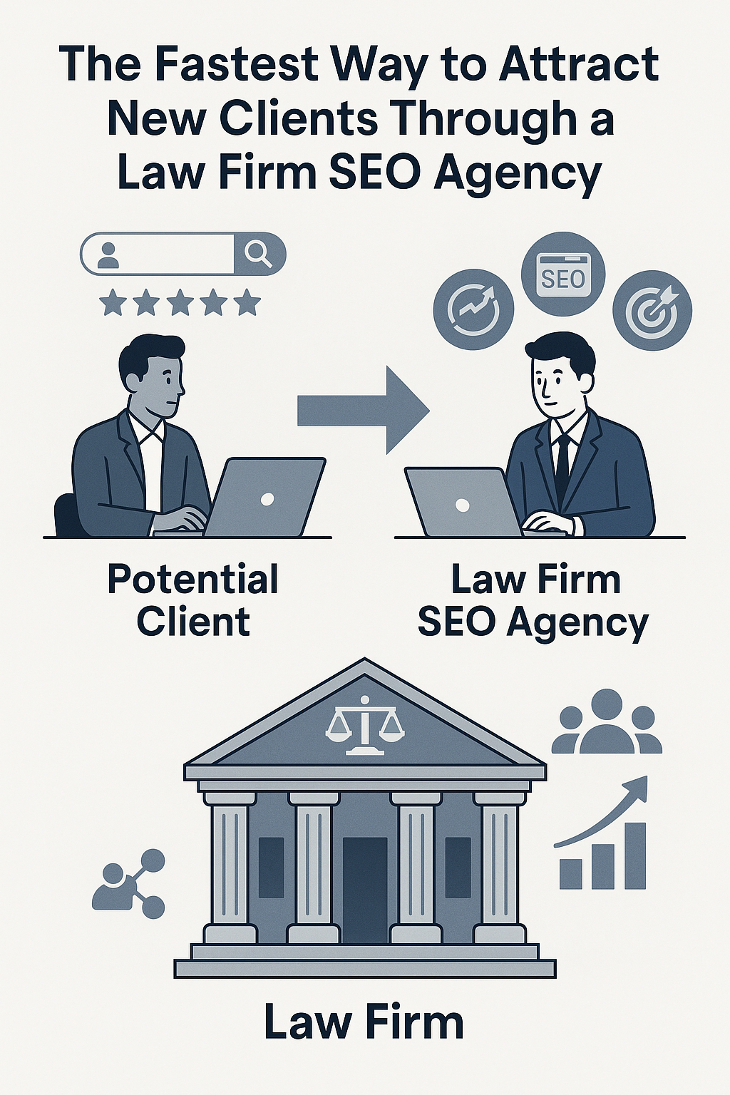 The top section shows search icons and SEO symbols. Below it, a potential client using a laptop is illustrated on the left, and a law firm SEO agency professional using a laptop is shown on the right, with an arrow pointing from the client to the agency. The bottom section displays a courthouse-style law firm building with icons representing online visibility, increased clients, and growth. The design uses flat illustrations in blue and gray tones.