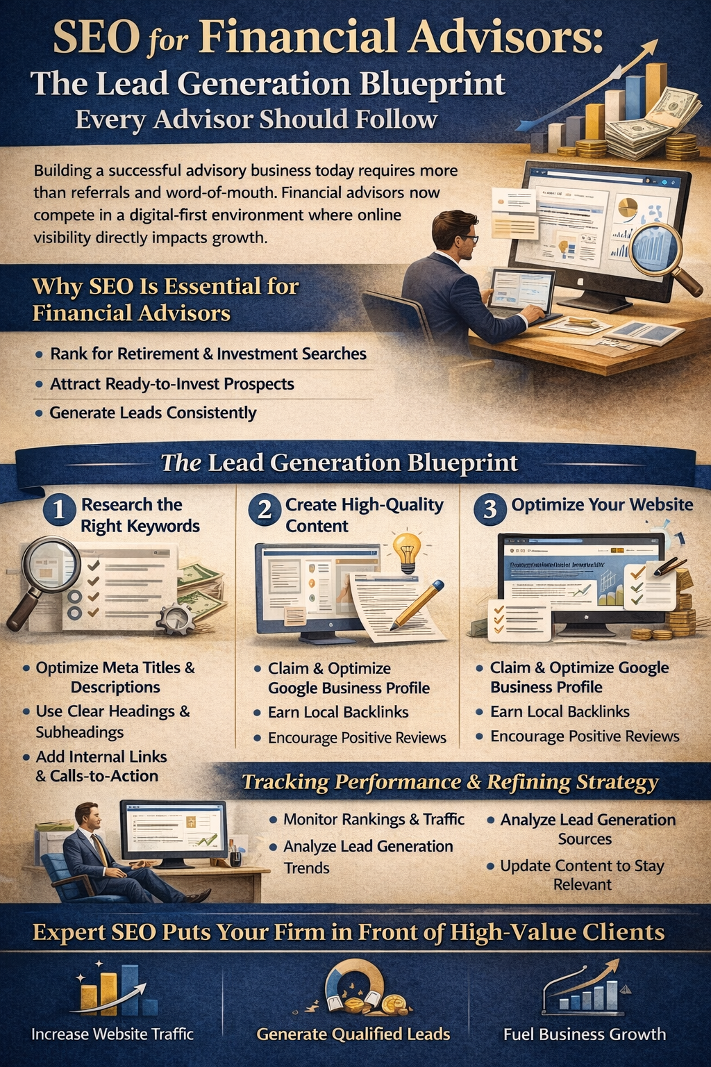 SEO for Financial Advisors: The Lead Generation Blueprint Every Advisor Should Follow,” illustrating how financial advisors can generate consistent leads through search engine optimization. The graphic shows an advisor analyzing website analytics, rising growth charts, and step-by-step SEO actions including keyword research, content creation, website optimization, local SEO, and performance tracking to attract retirement and investment-focused clients and fuel long-term business growth.