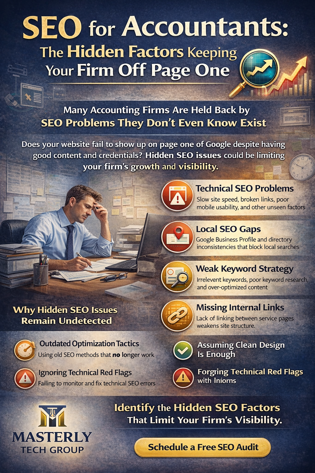 Digital infographic titled “SEO for Accountants: The Hidden Factors Keeping Your Firm Off Page One,” showing an accountant working at a desk alongside icons and callouts for technical SEO problems, local SEO gaps, weak keyword strategy, and missing internal links, with charts, warning symbols, and branding for Masterly Tech Group emphasizing hidden SEO issues that limit accounting firm visibility.