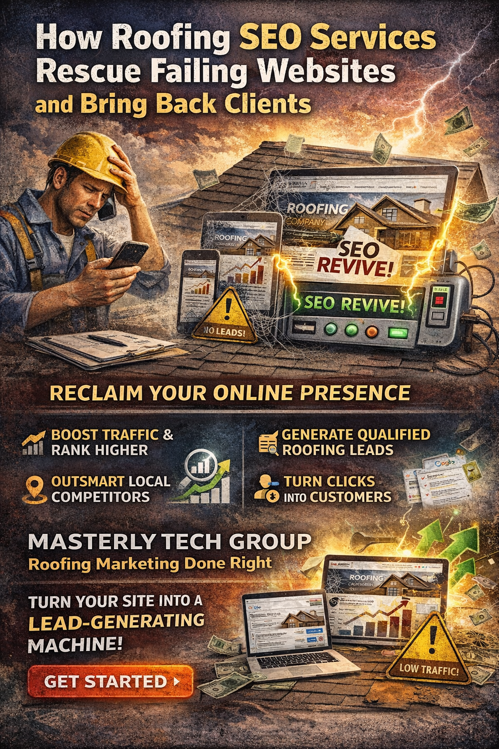 Infographic showing a frustrated roofer looking at a phone beside a low-performing roofing website, contrasted with a revived website powered by SEO tools, charts, and rising traffic, illustrating how roofing SEO services increase visibility, generate qualified leads, and turn failing roofing websites into customer-generating platforms.