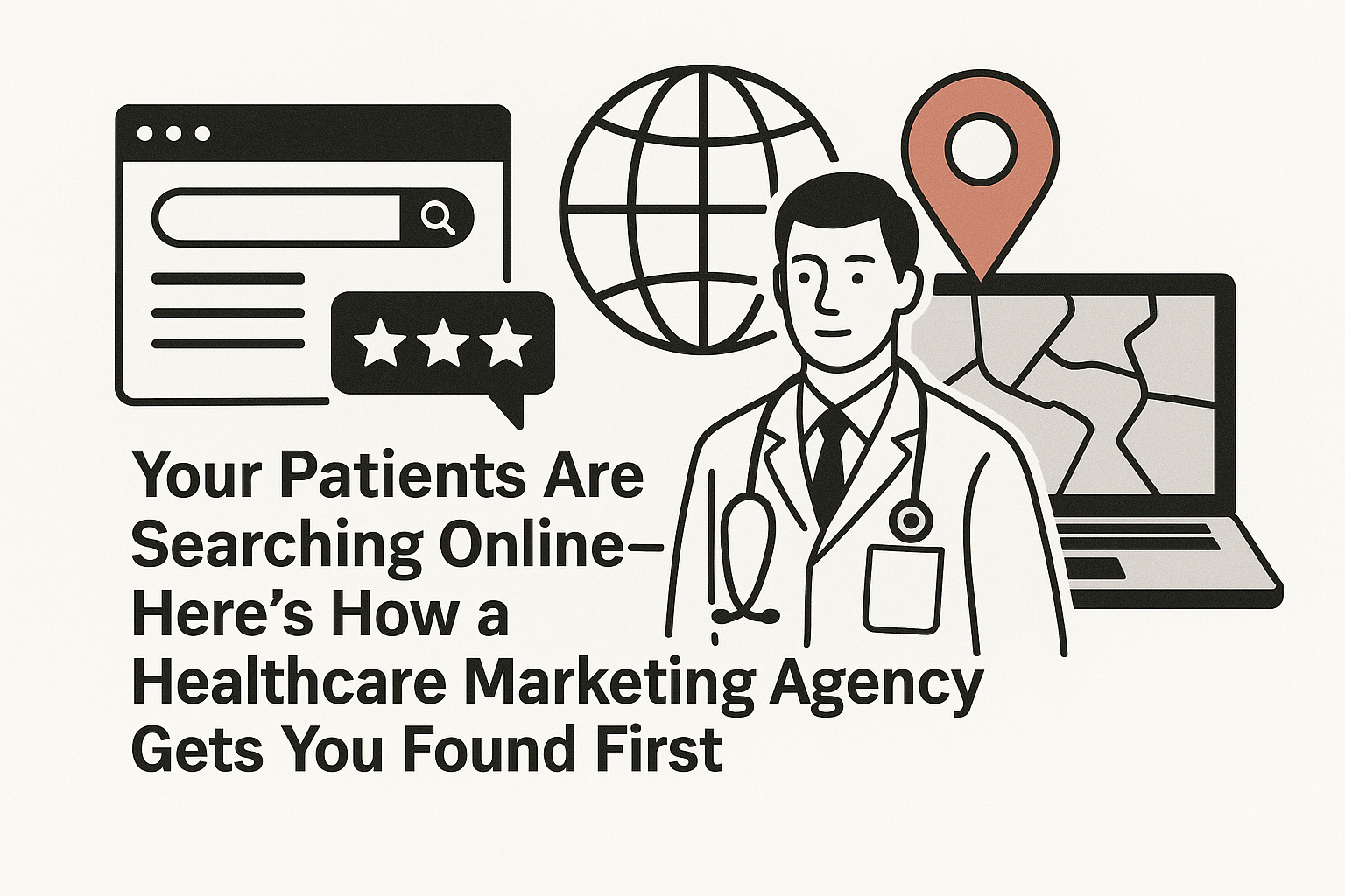 A digital illustration showing a doctor standing next to a laptop displaying a map with a location pin, symbolizing local search visibility. On the left, a web browser window with a search bar and star reviews represents online patient searches. Behind the elements is a globe icon symbolizing global digital reach. Below the visuals is the title: ‘Your Patients Are Searching Online—Here’s How a Healthcare Marketing Agency Gets You Found First.