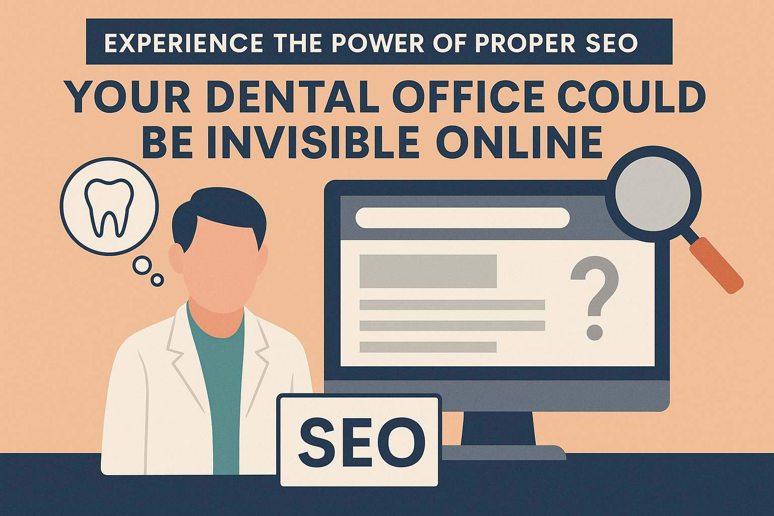 Flat-style digital illustration showing a dentist wearing a white coat standing beside a large computer monitor displaying an empty search engine results page with a question mark. A magnifying glass hovers over the screen, symbolizing poor online visibility. Above, bold text reads ‘Experience the Power of Proper SEO – Your Dental Office Could Be Invisible Online.’ A thought bubble near the dentist contains a tooth icon, and a sign labeled ‘SEO’ sits in front of him.