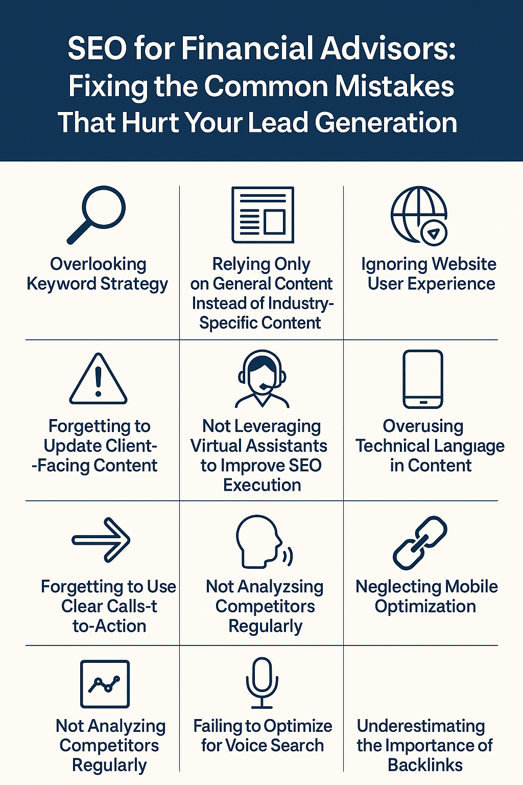 Infographic titled ‘SEO for Financial Advisors: Fixing the Common Mistakes That Hurt Your Lead Generation.’ The design features a navy blue header and a clean white background with twelve icons arranged in a grid. Each icon represents a common SEO mistake, including overlooking keyword strategy, using general instead of industry-specific content, ignoring website user experience, forgetting to update client-facing content, not leveraging virtual assistants, overusing technical language, failing to use clear calls-to-action, not analyzing competitors, neglecting mobile optimization, failing to optimize for voice search, underestimating backlinks, and relying on outdated analytics. The layout is minimalist, structured, and professional.