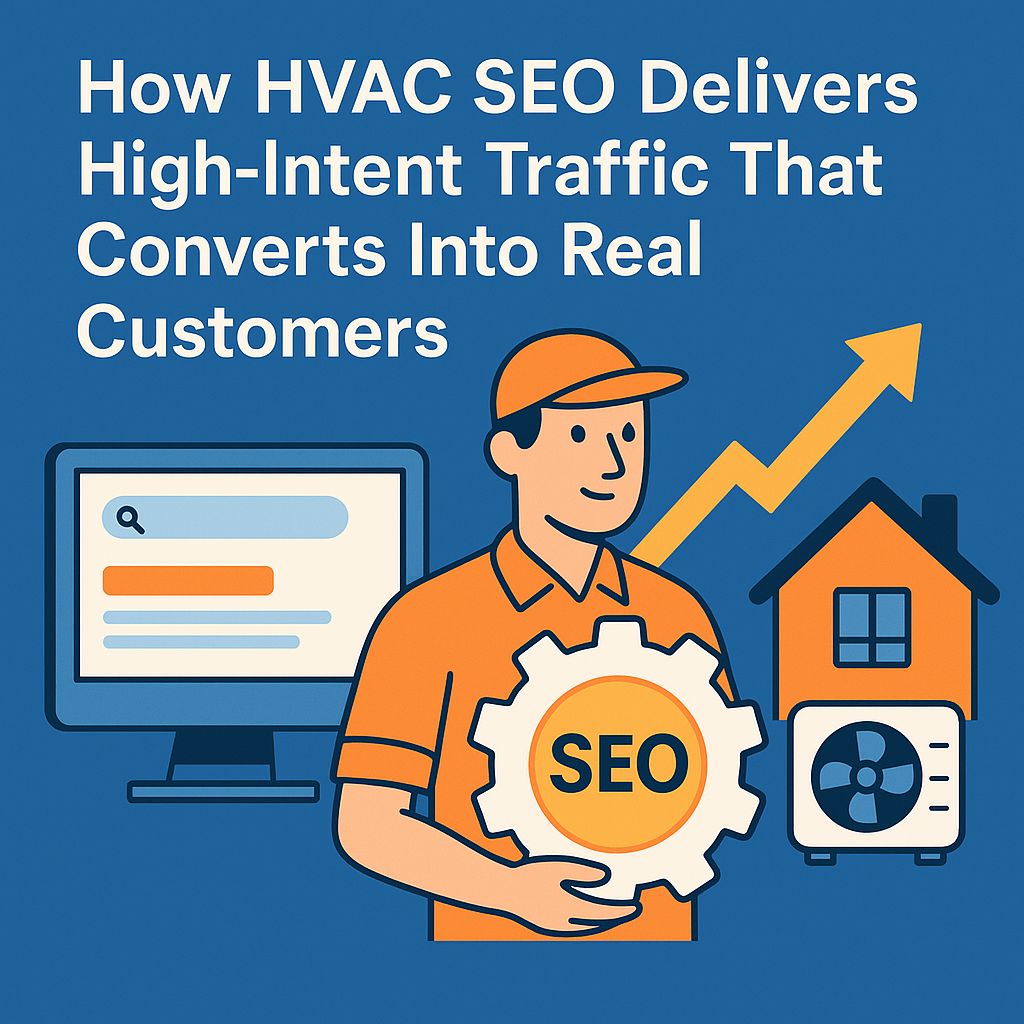 How HVAC SEO Delivers High-Intent Traffic That Converts Into Real Customers” in bold white text on a blue background. The graphic features a computer monitor displaying a search engine results page, an HVAC technician holding a gear labeled “SEO,” and an orange upward arrow pointing toward a house with an outdoor AC unit, symbolizing growth and increased customer conversions through HVAC SEO.