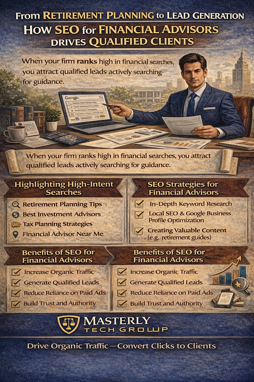 From Retirement Planning to Lead Generation: How SEO for Financial Advisors Drives Qualified Clients.” The image shows a professional financial advisor seated at a desk with a laptop displaying Google search results, financial charts, and documents. A city skyline appears in the background, symbolizing business growth and visibility.
The infographic explains how ranking high in financial searches attracts qualified leads actively seeking guidance. One section highlights high-intent searches such as retirement planning tips, best investment advisors, tax planning strategies, and financial advisor near me. Another section outlines SEO strategies for financial advisors, including in-depth keyword research, local SEO and Google Business Profile optimization, and creating valuable content like retirement guides.
The bottom section lists benefits of SEO, including increasing organic traffic, generating qualified leads, reducing reliance on paid ads, and building trust and authority. Masterly Tech Group branding appears at the bottom with a call to drive organic traffic and convert clicks into clients.