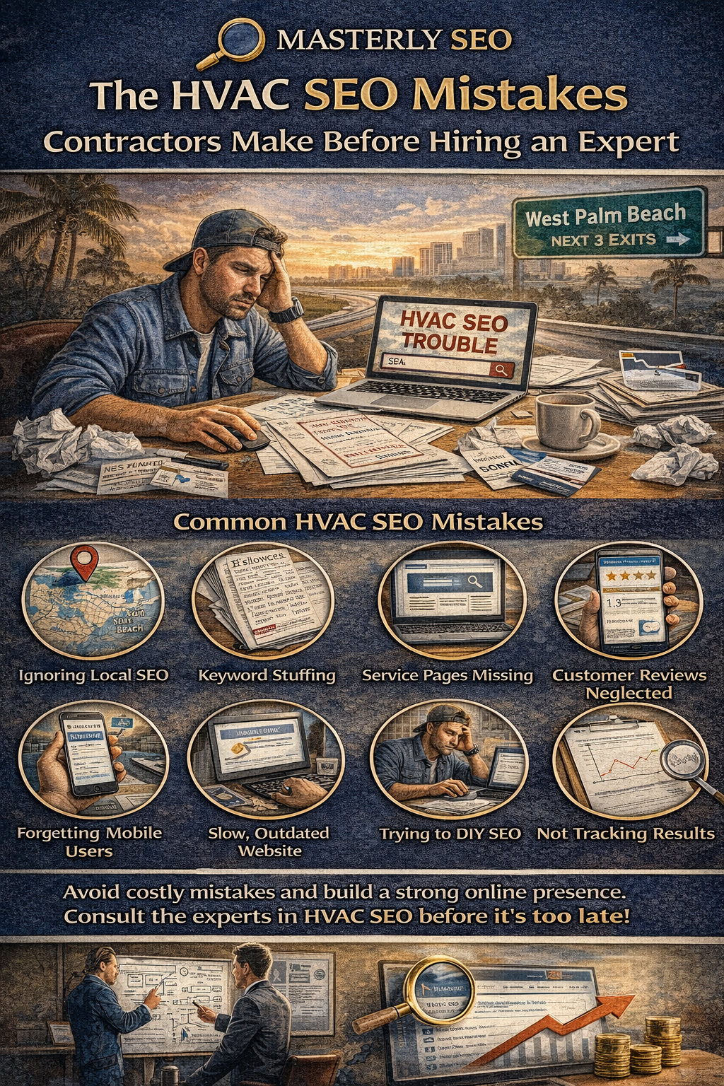 The HVAC SEO Mistakes Contractors Make Before Hiring an Expert” by Masterly SEO. The image shows a frustrated HVAC contractor sitting at a desk with paperwork and a laptop displaying “HVAC SEO Trouble,” with a West Palm Beach highway sign and city skyline in the background. A section labeled “Common HVAC SEO Mistakes” includes illustrated icons representing ignoring local SEO, keyword stuffing, missing service pages, neglecting customer reviews, forgetting mobile users, having a slow outdated website, trying DIY SEO, and not tracking results. A call to action at the bottom encourages contractors to avoid costly mistakes and consult HVAC SEO experts before it is too late.