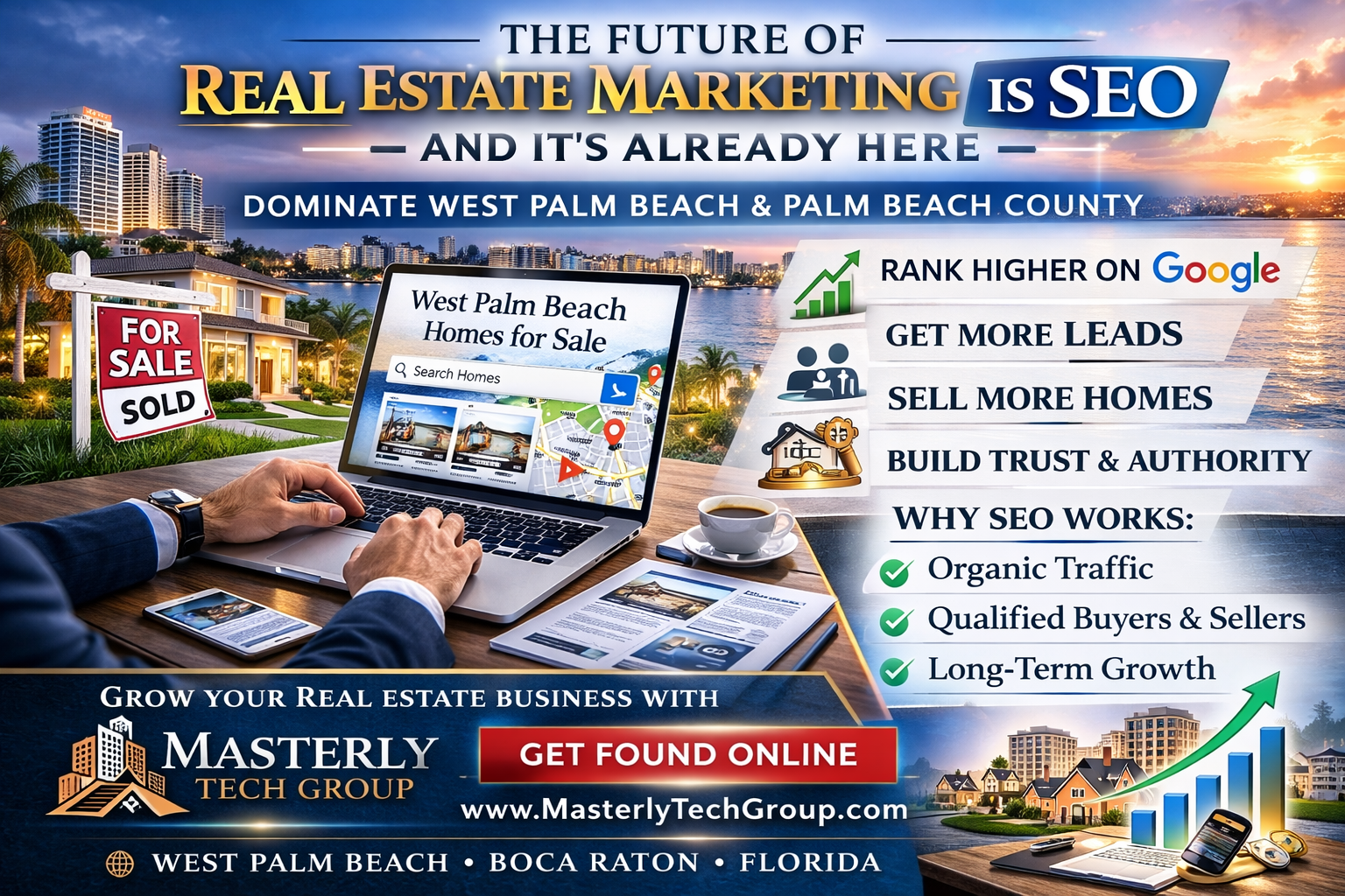 Masterly Tech Group highlighting SEO services for real estate professionals in West Palm Beach and Palm Beach County. The image features a waterfront West Palm Beach skyline at sunset with palm trees and luxury homes. In the foreground, a laptop displays “West Palm Beach Homes for Sale” search results, alongside charts and marketing materials on a desk. A “For Sale” sign stands near a waterfront property. Text on the image reads: “The Future of Real Estate Marketing Is SEO — And It’s Already Here,” with benefits listed such as ranking higher on Google, getting more leads, selling more homes, and building trust and authority. A call-to-action encourages realtors to “Get Found Online” with Masterly Tech Group, including website and contact information.