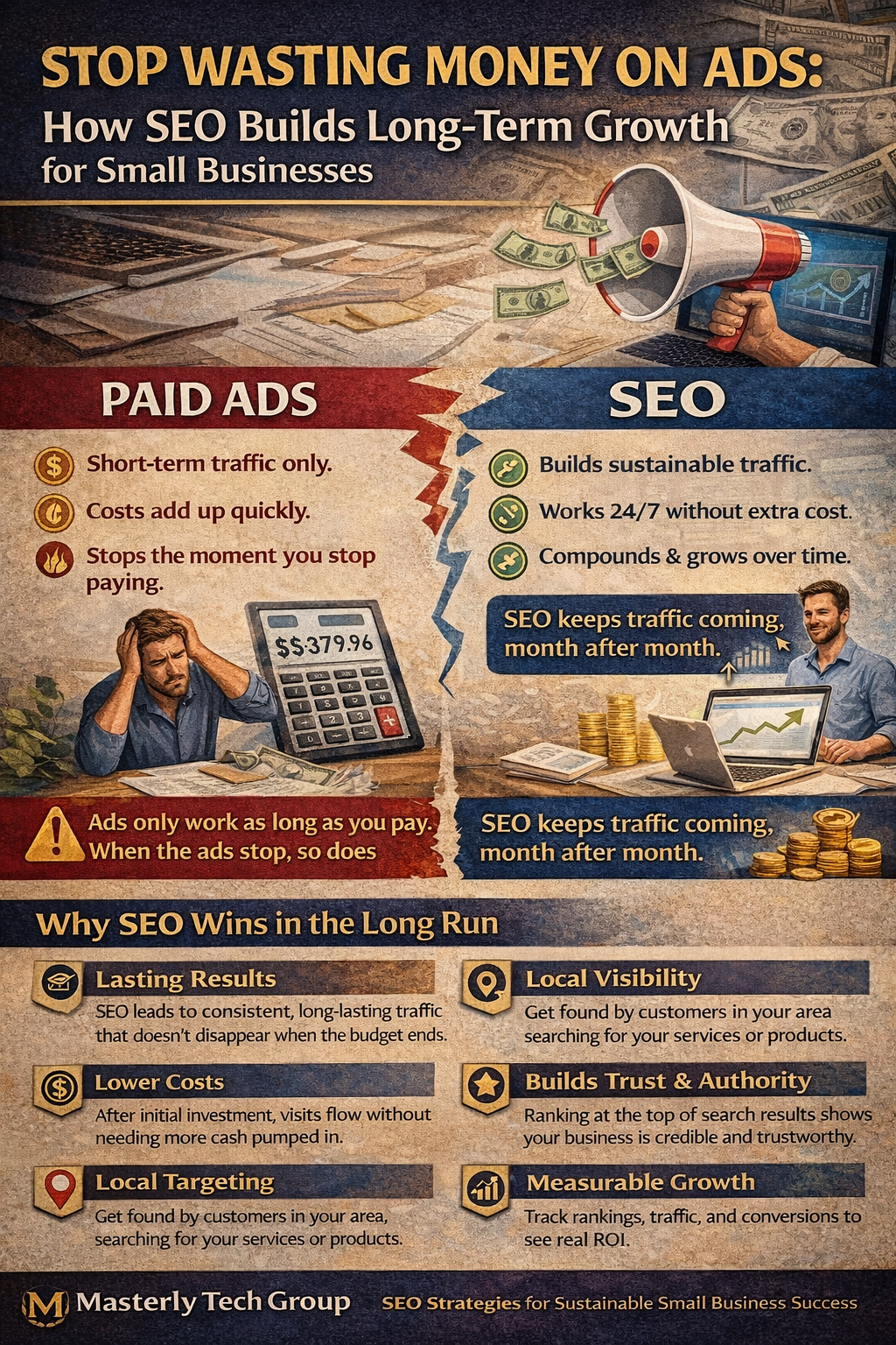 Stop Wasting Money on Ads: How SEO Builds Long-Term Growth for Small Businesses” comparing paid ads and SEO. The left side labeled “Paid Ads” highlights short-term traffic, rising costs, and traffic stopping when payments end, illustrated with a stressed business owner and a calculator. The right side labeled “SEO” emphasizes sustainable traffic, 24/7 visibility, compounding growth, and consistent monthly results, shown with a business owner reviewing growth charts and stacked coins. A lower section explains why SEO wins long term, listing lasting results, lower costs, local visibility, local targeting, trust and authority, and measurable growth. Branded at the bottom as Masterly Tech Group – SEO Strategies for Sustainable Small Business Success.
