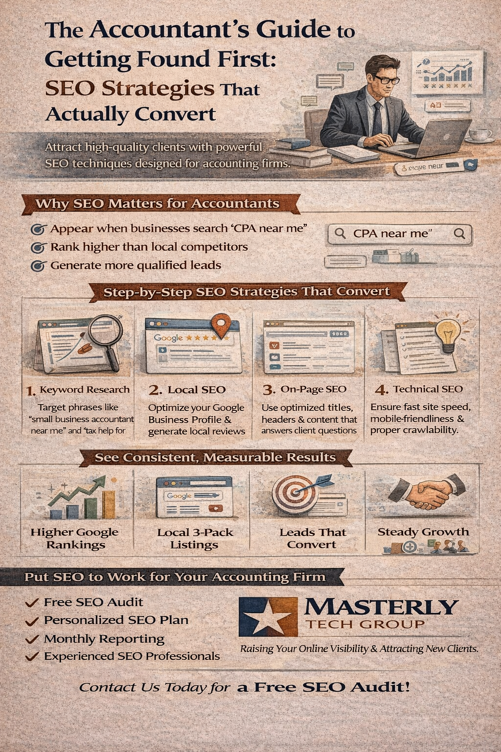 The Accountant’s Guide to Getting Found First: SEO Strategies That Actually Convert.” The design features a professional accountant working on a laptop with charts and analytics in the background. Sections explain why SEO matters for accountants, including appearing in searches like “CPA near me,” ranking higher than competitors, and generating qualified leads. A step-by-step section outlines key strategies: keyword research targeting intent-based phrases, local SEO optimization through Google Business Profile, on-page SEO with optimized titles and content, and technical SEO including fast site speed and mobile friendliness. Another section highlights measurable results such as higher Google rankings, local 3-pack listings, leads that convert, and steady growth. The bottom promotes Masterly Tech Group with offerings like a free SEO audit, personalized SEO plan, monthly reporting, and experienced SEO professionals, ending with a call to contact for a free SEO audit.