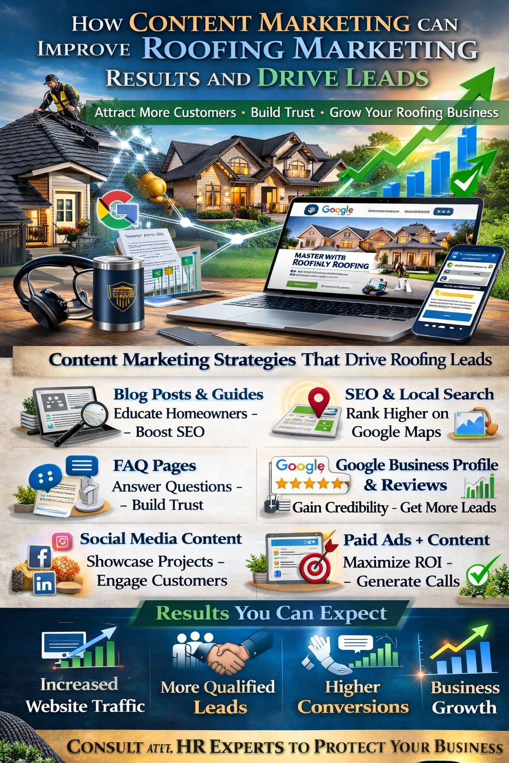 How Content Marketing Can Improve Roofing Marketing Results and Drive Leads.” The design features a residential roofing scene with a roofer working on a house, alongside digital marketing visuals such as a laptop displaying a roofing website, a smartphone, Google icons, and upward-trending graphs. The poster outlines strategies including blog posts and guides, local SEO, Google Business Profile optimization, paid ads combined with content, and social media marketing. It highlights expected results such as increased website traffic, more qualified leads, higher conversions, and business growth. At the bottom, Masterly Tech Group is identified as providing roofing marketing services, with a contact phone number displayed.