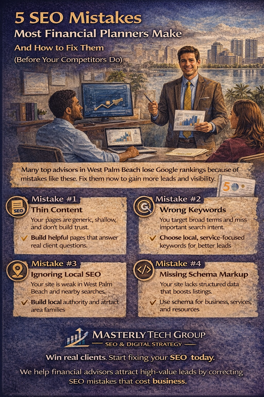 5 SEO Mistakes Most Financial Planners Make — And How to Fix Them (Before Your Competitors Do).” A financial advisor presents charts to two clients in a modern office with a waterfront city skyline in the background. The infographic warns that many West Palm Beach advisors lose Google rankings due to common SEO issues and encourages fixing them to gain more leads and visibility. Four highlighted mistakes include: (1) Thin Content—pages are generic and don’t build trust, with the fix to create helpful pages that answer client questions; (2) Wrong Keywords—targeting broad terms instead of search intent, with the fix to use local, service-focused keywords; (3) Ignoring Local SEO—weak visibility in West Palm Beach searches, with the fix to build local authority; and (4) Missing Schema Markup—lack of structured data, with the fix to add schema for business and services. Masterly Tech Group branding appears at the bottom with the message “Win real clients. Start fixing your SEO today.