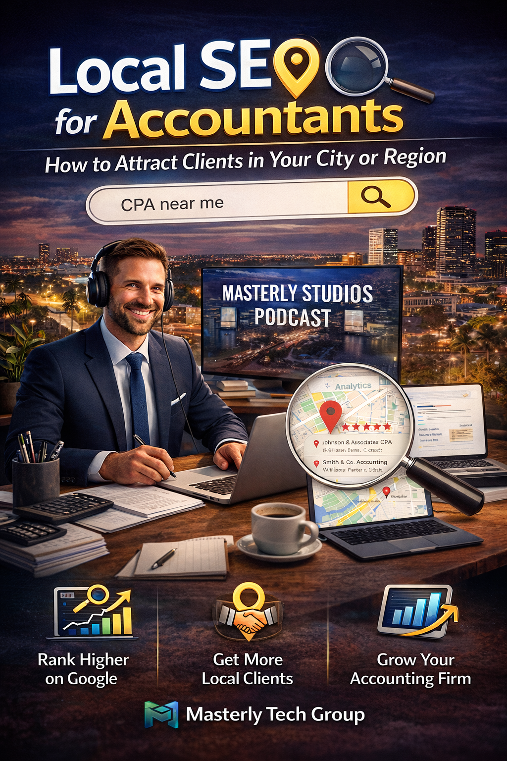 Local SEO for Accountants: How to Attract Clients in Your City or Region” shows a professional accountant working at a desk with a laptop, calculator, and paperwork, with a “CPA near me” search bar and a city skyline in the background. A magnifying glass highlights a local map listing with star ratings, and icons at the bottom read “Rank Higher on Google,” “Get More Local Clients,” and “Grow Your Accounting Firm,” with Masterly Tech Group branding at the bottom.