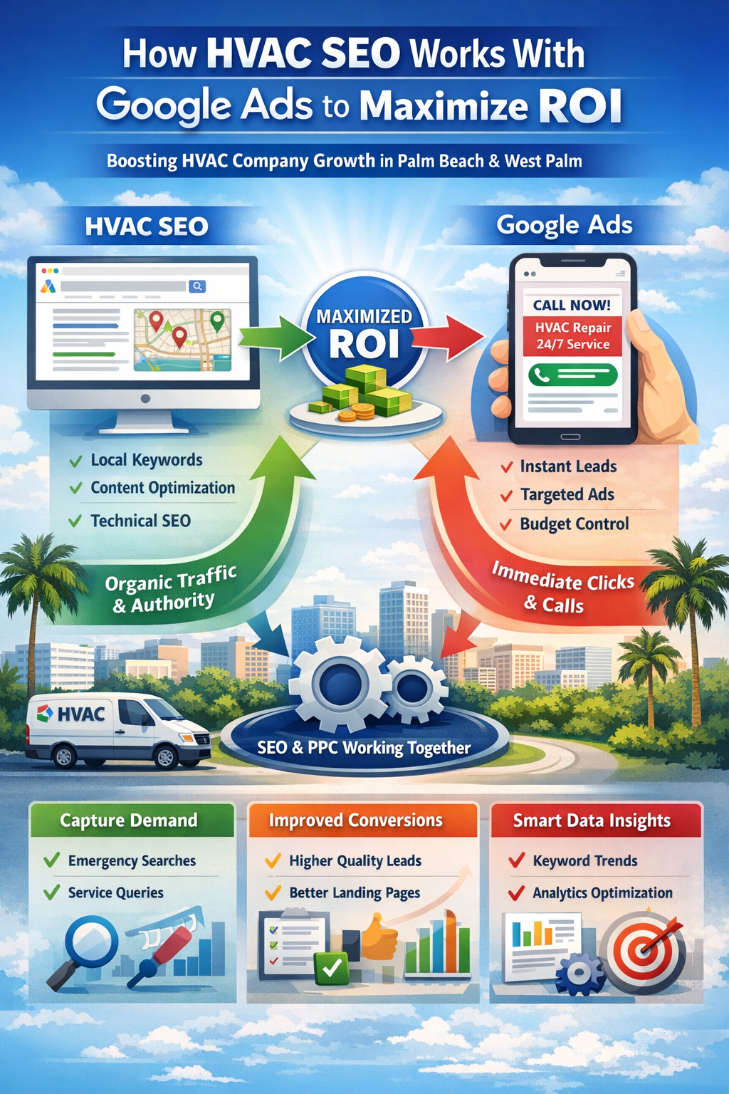 Infographic showing how HVAC SEO and Google Ads work together to maximize ROI for HVAC companies
