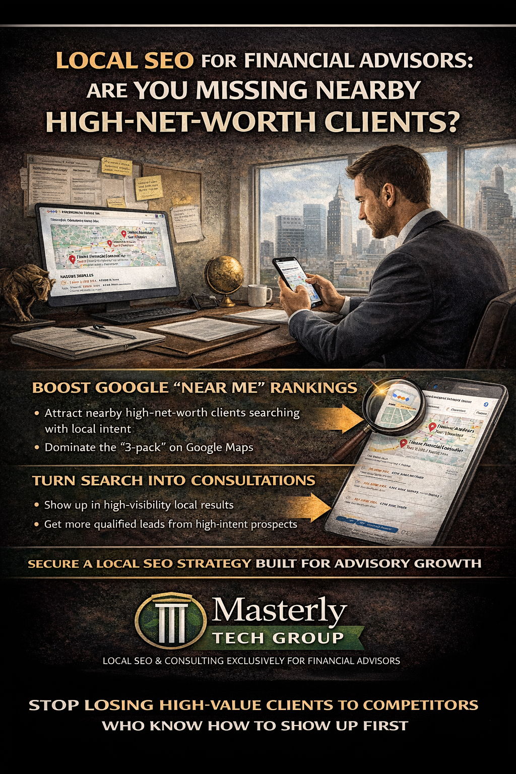 If you’re a financial advisor who delivers real results, you probably already know this frustrating truth: doing great work doesn’t automatically bring great leads. You can have a strong reputation, solid credentials, and years of experience in financial planning—but still feel invisible online when local prospects search for help.
And the most painful part? Those prospects may be right down the street.
In most cities, high-net-worth individuals don’t search using complicated phrases. They search with quick, simple intent—usually on a phone—looking for someone they trust. That’s why Local SEO is such a powerful advantage for financial advisors who want to consistently attract nearby clients, not just random traffic.
At Masterly Tech Group, we help financial advisors build local visibility, improve Google Business Profile performance, and turn geo-targeted searches into booked consultations. If you suspect you’re missing local demand, you’re not imagining it—you’re likely losing opportunities to competitors who simply show up first.
The Hidden Local Market Most Advisors Don’t See
Local search is where buying intent lives. People searching for financial help usually have money, urgency, or both.
They’re not casually browsing. They’re trying to decide who to call.
When your business doesn’t appear in the top local results, you miss a steady stream of nearby prospects who are ready to take action.
Why “Near Me” Searches Can Be High-Net-Worth Searches
High-income and high-net-worth clients often value convenience and trust signals. They want expertise, but they also want someone local who feels established.
That’s why “near me” searches often convert incredibly well. The user is already mentally ready to pick someone.
If you aren’t ranking, your competitors are getting those phone calls.
What People Really Type Into Google
Most financial advisors imagine prospects search like this:
“Comprehensive retirement income strategy expert.”
In reality, people type:
“best financial advisors near me”
That phrase is simple, high-intent, and extremely competitive. It’s also one of the clearest signals that your Local SEO strategy needs to be built intentionally.
Local SEO Isn’t Optional for Financial Advisors Anymore
Local SEO is no longer a “nice extra.” It’s part of how modern advisory businesses get discovered.
Even referral-based firms get looked up online. Most people check reviews, location credibility, and basic presence before they trust you with serious money.
If your local visibility is weak, you may lose people who were already planning to hire you.
The Difference Between Ranking Nationally and Ranking Locally
National SEO is about content reach. Local SEO is about proximity, trust signals, and relevance.
Local rankings depend heavily on what Google believes about your business location and authority in that area. That means strong marketing alone isn’t enough.
Your local footprint must be clean, consistent, and optimized.
Google’s Local Algorithm Cares About Three Things
Google typically evaluates local rankings using:
Relevance
Distance
Prominence
That means you can “do everything right” and still lose rankings if your signals are unclear. It’s not about having the prettiest website.
It’s about being the most trusted and most accurate match for local intent.
Why Financial Advisors Often Lose Local Rankings Without Realizing It
Most financial advisors don’t intentionally “ignore” local SEO. They just don’t realize how technical it is.
Even small issues can cause rankings to drop. Examples include category mistakes, inconsistent listings, or a weak review strategy.
Local SEO rewards clean structure and punishes confusion.
Your Google Business Profile Is Your First Impression
Your Google Business Profile is often the first thing a prospect sees. Before they read your website or your bio, they see your local listing.
That listing influences whether people trust you enough to click or call. It’s not just a “map pin”—it’s your credibility snapshot.
For financial advisors, trust is everything.
The Most Common Google Business Profile Mistakes
Small errors can create big problems. Common mistakes include:
Wrong primary category
Missing services
No photos or outdated images
No consistent posting
Weak descriptions with no geo-targeting
If your listing is incomplete, Google assumes you’re less relevant. And prospects assume you’re less established.
Category Selection Can Make or Break Your Local Visibility
Your primary category affects what keywords you rank for. Many firms choose a vague or incorrect category and wonder why they don’t appear.
When you align categories properly, your ranking potential increases. This is one of the fastest wins that many businesses overlook.
It’s a foundational local SEO move.
Reviews Are a Local Ranking Asset, Not Just Social Proof
Reviews influence conversions, but they also influence Google’s perception of prominence. More high-quality reviews and consistent activity helps you stand out.
It’s not about buying reviews or forcing clients into awkward asks. It’s about building a natural review process.
A strong review profile also protects you against competitors trying to “outshine” you unfairly.
Why High-Net-Worth Clients Still Read Reviews
Wealthy clients don’t ignore reviews. They use them as a filter.
They may not trust “marketing,” but they trust patterns. If your reviews show clarity, professionalism, and outcomes, it builds confidence fast.
Reviews help confirm a safe decision.
Local Content Helps You Own Your City Online
To rank locally, your content must reflect location relevance. Not spammy repetition—but real, natural language that ties your expertise to your area.
Local content helps Google connect your firm with specific neighborhoods, cities, and communities. It also helps prospects feel understood.
People don’t just buy expertise. They buy familiarity.
Geo-Targeting That Actually Works (Without Keyword Stuffing)
Geo-targeting is about making your services clearly relevant to your area. The wrong approach is stuffing city names everywhere.
The right approach is building naturally localized pages and service sections that match local intent.
Google rewards helpful clarity, not forced repetition.
Location Pages Should Feel Like They Were Written for Real People
A good location page shouldn’t feel like a template. It should feel like you actually know the local client mindset.
That means referencing what clients care about, what they worry about, and what they want to achieve. It should also match how people speak in real life.
Human tone converts better—and it ranks better too.
Why Your Website Might Be Blocking Your Local Growth
Even if your site looks great, it might not be built for local conversion or local rankings.
Slow load times, weak headings, unclear structure, and missing location signals all hurt. Your website should guide people toward a next step.
A site that looks good but doesn’t generate leads is just digital decoration.
Your Service Pages Must Match Search Intent
Local prospects search for solutions, not buzzwords.
Service pages should clearly explain what you do, who you help, and what the process looks like. Your site must answer questions quickly.
This is how you attract serious clients who value efficiency.
Financial Planning Keywords That Convert Locally
Local prospects look for services they recognize, such as:
Retirement planning
Investment management
Tax-smart strategies
Estate coordination support
Business financial planning
If your website doesn’t clearly connect these services to local intent, you lose visibility.
You don’t need more complexity—you need more clarity.
“Financial Advisors” Isn’t One Market—It’s Many
Not all financial advisors serve the same clients. Some are built for executives. Some for business owners. Some for retirees. Some for young professionals.
Local SEO works best when your messaging targets your real audience.
The more specific your positioning, the more qualified your leads.
Why “Nearby” Clients Often Become Your Best Clients
Nearby clients are easier to retain, easier to refer, and easier to build trust with. Even if you also serve people virtually, local connections create stronger client relationships.
Many firms scale faster when they dominate their local market first.
Local authority creates long-term stability.
The Role of Google Maps in Client Acquisition
Google Maps rankings often drive more calls than organic rankings.
When someone searches locally, the map pack usually appears first. That means your Google Business Profile is competing in a high-visibility zone.
If you’re not in that top group, you’re missing high-intent traffic.
What “Local Authority” Looks Like for Advisors
Local authority looks like:
Strong review velocity
Consistent listings and citations
Local content relevance
Accurate category alignment
Clear website service structure
It’s not about tricks. It’s about signals that Google can trust.
And trust leads to visibility.
Citations: The Unseen Factor That Impacts Rankings
Citations are directory mentions of your business name, address, and phone number.
When citations are inconsistent, Google loses confidence. When they’re clean, you gain ranking strength.
This is a technical detail that creates real-world results.
Why Consistency Matters More Than Most People Think
Google doesn’t “assume” your information is correct. It verifies.
If your firm appears with multiple phone numbers or small address variations across the web, it weakens your prominence.
Consistency supports stability, and stability supports growth.
The Local SEO Mistake That Costs Advisors the Most Money
The biggest mistake isn’t lack of marketing effort. It’s lack of structure.
Posting occasionally isn’t a strategy. Running ads without fixing local credibility isn’t a strategy.
Local SEO is compounding—when you build it correctly, it keeps producing results month after month.
The “Busy Advisor” Problem: Great at Finance, No Time for Marketing
Most financial professionals are overloaded. You’re managing portfolios, client meetings, compliance, and constant communication.
Local SEO requires attention, consistency, and ongoing refinements. And that’s difficult when you’re already at capacity.
That’s why systems—and support—matter.
Why Advisory Firms Need Operational Support to Scale
If you want growth, you can’t do everything yourself forever.
Successful advisory practice owners build support systems for:
Lead handling
Scheduling
Client follow ups
Admin coordination
Marketing execution
Without support, you hit a ceiling.
Where Virtual Assistants Fit Into the Growth Equation
The right virtual assistant can keep your business running smoothly while you stay focused on revenue-producing work.
This is especially true when local SEO starts working and you begin receiving more inbound leads. Someone has to handle messages, scheduling, and follow-up.
That’s where virtual assistants can become a real leverage tool.
Virtual Assistant Services That Help Advisors Capture More Local Leads
When local SEO begins producing calls and form submissions, speed matters.
A fast response can be the difference between winning and losing a high-net-worth prospect.
That’s why virtual assistant services are often a smart layer of support for advisors who want consistent conversion from their local traffic.
What a Financial Advisor Virtual Assistant Can Do Day-to-Day
A financial advisor virtual assistant can support your workflow behind the scenes.
They can manage the pieces that are time consuming but critical to growth. That includes admin coordination, client scheduling, and follow-up tracking.
When done correctly, it protects your calendar and your focus.
Specialized Support Through Financial Virtual Assistant Help
A financial virtual assistant can be trained to understand the unique workflow of advisory firms.
This includes tasks related to onboarding, scheduling, and general back-office support. While they may not provide regulated advice, they can support your team’s efficiency.
They help reduce chaos—and high-net-worth clients notice smooth operations.
Why Financial Advisor Virtual Assistants Help Improve Client Experience
A strong client experience isn’t just about investment performance.
It’s also about responsiveness, organization, and professional systems. Financial advisor virtual assistants can help maintain that experience consistently.
High-net-worth clients expect a polished process. They pay attention to details.
Client Onboarding Is a Local SEO Conversion Moment
Local SEO gets the client to you.
Client onboarding determines whether they stay.
When onboarding is messy, prospects lose confidence quickly—even if you’re technically the best advisor in town.
A clear onboarding process builds momentum and trust.
The Onboarding Process Needs Speed and Structure
Your onboarding process should reduce friction. That means fewer delays, fewer missed emails, and fewer confusing handoffs.
If prospects wait too long to hear back, they often keep searching. They don’t usually announce it—they just disappear.
Speed creates a positive experience.
Virtual Assistants Support Fast Response Times
When you have more leads than time, you need help.
A trained virtual assistant can respond quickly, confirm next steps, and keep your pipeline warm without sacrificing professionalism.
It’s one of the simplest ways to prevent missed opportunities.
Delegate Tasks That Drain Your Energy
Advisors shouldn’t spend prime hours on low-value work.
If you can delegate tasks like scheduling, follow ups, and basic coordination, you preserve the time you need for clients and strategy.
That’s how you scale without burning out.
Administrative Tasks That Quietly Slow Your Growth
Many firms get stuck doing the same repetitive administrative tasks every day.
Those tasks feel small, but they add up quickly.
If you want growth, you must reduce those bottlenecks.
Operational Tasks That Can Be Outsourced Safely
A properly trained assistant can take on many operational tasks that do not require licensed financial advice.
This keeps your back office organized without risking compliance issues.
You stay focused on high-value conversations.
Back Office Support Improves Consistency
A well-managed back office supports faster communication, cleaner records, and smoother workflow.
When your systems feel organized, prospects feel more confident.
Local leads are more likely to convert when the process feels professional.
Client Communication Is Where Trust Is Won or Lost
High-net-worth prospects pay attention to response quality.
Strong client communication is polite, clear, and fast. Weak communication feels vague and slow.
That difference impacts whether people trust you with serious money.
Handling Phone Calls Without Missing Leads
If you’re in meetings all day, unanswered phone calls can become lost revenue.
Local SEO increases inbound contact. You need a system to respond quickly, even when you’re busy.
This is where a dedicated assistant becomes valuable.
Scheduling Appointments Should Be Seamless
Local prospects want a simple next step.
If scheduling appointments becomes a back-and-forth email chain, conversion drops.
Streamlined scheduling reduces resistance and increases bookings.
Scheduling Meetings Efficiently Builds Momentum
One of the easiest ways to lose a lead is to delay scheduling.
When you can confirm and scheduling meetings quickly, clients feel progress. They feel supported.
That momentum helps close high-value opportunities.
Why “Schedule Meetings” Is a Marketing Strategy Too
Most firms treat scheduling like admin work.
But the ability to schedule meetings smoothly is part of your brand. It signals professionalism, preparedness, and quality.
Local SEO gets attention. Systems earn trust.
Client Files Must Be Protected and Organized
When you’re growing, organization becomes critical.
Managing client files and keeping everything accessible supports better service and fewer mistakes.
High-value clients expect clean operations.
Client Data Needs Accuracy and Care
Even minor errors with client data can create a bad impression.
Your systems should ensure consistent updates, secure storage, and clean workflows.
Organization reduces risk and improves trust.
Data Entry Helps Keep the Machine Running
Someone needs to keep records updated.
Consistent data entry helps maintain accurate tracking for follow ups, onboarding, and service quality.
It’s not glamorous—but it drives retention.
The Role of Financial Data and Reports
Your internal workflow relies on accurate financial data.
Supporting documentation and tracking can help advisors stay organized and proactive.
A strong team helps you stay ahead of client expectations.
Preparing Reports Without Burning Advisor Time
Advisors often spend too much time preparing reports that could be systematized.
This is where staffing and structured workflows matter.
A virtual assistant can support document preparation and coordination.
Financial Reports Support Better Communication
Clear financial reports help clients understand what’s happening and why.
They also reduce confusion and unnecessary calls.
Better reporting supports long-term retention.
When Data Analysis Supports Better Strategy
Even light data analysis can help your business understand lead sources and client patterns.
Local SEO performance can be tracked, refined, and improved.
The goal is repeatable growth, not guesswork.
Financial Software and Advisor Tools Must Work Together
Many firms rely on multiple tools.
Using financial software effectively requires clean workflows and consistent usage.
When systems don’t connect, mistakes happen and time is lost.
Portfolio Accounting Software Needs Support Systems
Even one tool like portfolio accounting software can require ongoing admin support.
Advisors shouldn’t be stuck troubleshooting or updating records all day.
Support keeps operations smooth.
Existing Systems Can Be Improved Without a Full Overhaul
Most firms already have tools in place.
Your existing systems don’t have to be perfect, but they must be consistent.
Small improvements often create big gains.
Handling Client Agreements Smoothly Builds Trust
When someone is ready to move forward, your process must feel clean.
That includes handling client agreements efficiently.
The smoother it is, the more confident clients feel.
Client Agreements Should Never Feel Confusing
Good systems make client agreements easy to understand and easy to execute.
Confusion creates hesitation. Clarity creates commitment.
This is part of client experience design.
Assistant Services for Financial Firms Are Becoming Standard
Many advisory businesses now invest in assistant services for financial growth.
This isn’t luxury support anymore—it’s competitive necessity.
Clients expect speed, professionalism, and organization.
Services for Financial Advisors Must Be Built for Compliance
Not all support is equal.
The best services for financial advisors respect confidentiality, workflow standards, and communication expectations.
Support must strengthen trust, not create risk.
Virtual Assistant Companies vs. Dedicated Support
Some virtual assistant companies offer random generalists.
But financial advisors often need specialized workflows and consistency.
The difference is support quality and stability.
Dedicated Assistant Support Creates Real Momentum
A dedicated assistant learns your business and improves with time.
That creates fewer mistakes, better follow-ups, and more consistent client experiences.
This kind of support compounds—just like good investing.
Personalized Support Helps You Stay Human at Scale
High-net-worth clients want to feel like they matter.
Personalized support helps ensure your communication and processes don’t feel robotic.
Systems should help you feel more present, not less.
In House Staff Isn’t Always the Best First Step
Some firms think hiring in house staff is the only option.
But that comes with overhead, payroll complexity, and long-term commitments.
Virtual assistants can be a flexible, scalable alternative.
Hire a Virtual Assistant to Protect Your Advisor Time
If your schedule is full, but growth is still the goal, you may need to hire a virtual assistant.
The goal isn’t to replace you—it’s to protect your highest-value work.
That’s how advisory firms scale without losing quality.
Pre Vetted Talent Reduces Hiring Stress
Many firms fear delegating because training feels exhausting.
Using pre vetted support helps reduce risk and speed up results.
Better staffing makes you more confident in the process.
Highly Qualified Support Makes Local SEO Worth It
If local SEO starts working and you can’t keep up, it becomes frustrating.
Highly qualified assistant support helps your business capture the opportunity.
Traffic is only valuable if it turns into booked calls.
Working Across Time Zones Can Increase Responsiveness
Some firms benefit from support operating across time zones.
It can allow faster follow-up windows and more coverage during busy schedules.
Speed improves conversion.
Hourly Rate vs. Real ROI
A low hourly rate doesn’t matter if the work is inconsistent.
ROI comes from reliable execution, communication, and professional outcomes.
Good support pays for itself through saved time and captured leads.
Regular Check Ins Keep Performance Strong
Even strong assistants perform better with structure.
Regular check ins help align expectations, improve workflows, and ensure consistency.
The goal is ongoing improvement, not constant fixes.
The VA Handles the Tasks You Can’t Keep Up With
A great VA doesn’t just “help a little.” They create real operational relief.
When the va handles scheduling, follow ups, and coordination, the advisor regains breathing room.
That breathing room creates growth capacity.
Follow Ups Are Where Most Firms Lose Revenue
Most advisors don’t lose leads because they’re unqualified.
They lose leads because of slow follow ups.
A structured follow-up system improves conversion and reduces dropped opportunities.
Follow Up Systems Turn Interest Into Appointments
A consistent follow up process keeps prospects engaged.
It also helps people who were interested but distracted.
Many high-value leads convert on the second or third touch.
Support Financial Advisors by Protecting Focus Time
The best systems support financial advisors by protecting the advisor’s calendar.
The more time you spend with clients and strategy, the stronger your results.
Local SEO creates opportunity. Support systems capture it.
Your Advisory Practice Should Feel Like a Machine (In a Good Way)
A great advisory practice runs smoothly.
Clients feel cared for. Requests are handled quickly. Scheduling is effortless.
Operational excellence is a competitive advantage.
Your Team Is Part of Your Brand
Your team isn’t just internal.
Prospects feel the quality of your business through communication and responsiveness.
The team experience becomes the client experience.
Ongoing Support Is What Makes Growth Sustainable
Growth isn’t just marketing.
It’s capacity, systems, and ongoing support that prevents overwhelm.
This is what separates firms that scale from firms that stall.
A Solo Advisor Can Still Compete Locally
A solo advisor can dominate a local market with the right strategy.
Local SEO and strong support systems can help you compete against larger firms.
You don’t need a massive staff—just smart structure.
Business Growth Happens When Systems Replace Chaos
Your business grows when your process becomes predictable.
Local SEO increases demand. Support increases capacity.
That combination is a real growth engine.
Growth Requires Focus, Not More Stress
Most advisors want growth, but not burnout.
That’s why your focus should be on high-value work and relationship building.
Let systems and support handle the rest.
A Game Changer for Local Visibility and Lead Quality
When you rank locally, inbound lead quality improves.
When your process is smooth, close rates improve.
That combination can become a game changer for advisors who want serious growth without chaos.
Why Masterly Tech Group Helps Financial Advisors Win Locally
At Masterly Tech Group, we build Local SEO strategies designed specifically for advisors who want nearby clients—not vanity traffic.
We optimize your Google Business Profile, improve local rankings, and build geo-targeted visibility that connects you with high-intent searches. We also help you build operational systems that reduce friction once leads start coming in.
This is not generic marketing. It’s practical growth support built for real advisory businesses.