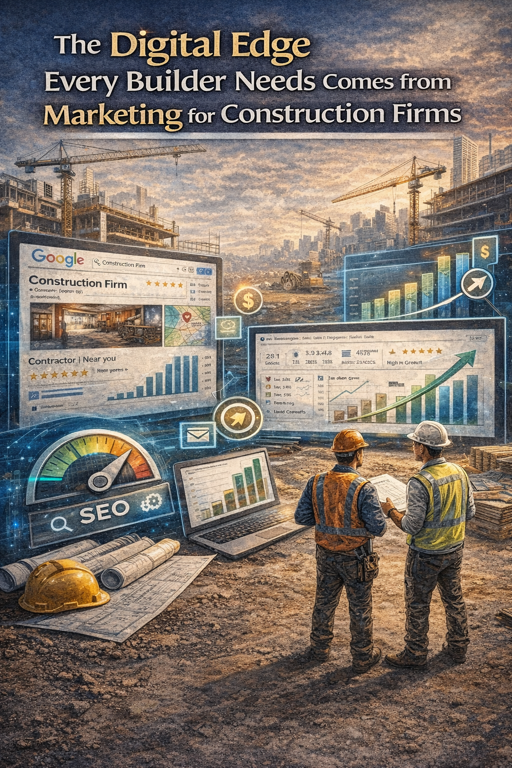 Digital illustration of two construction workers reviewing marketing dashboards at a job site, with cranes, a city skyline, and on-screen SEO, lead generation, and growth charts labeled “The Digital Edge Every Builder Needs Comes from Marketing for Construction Firms.