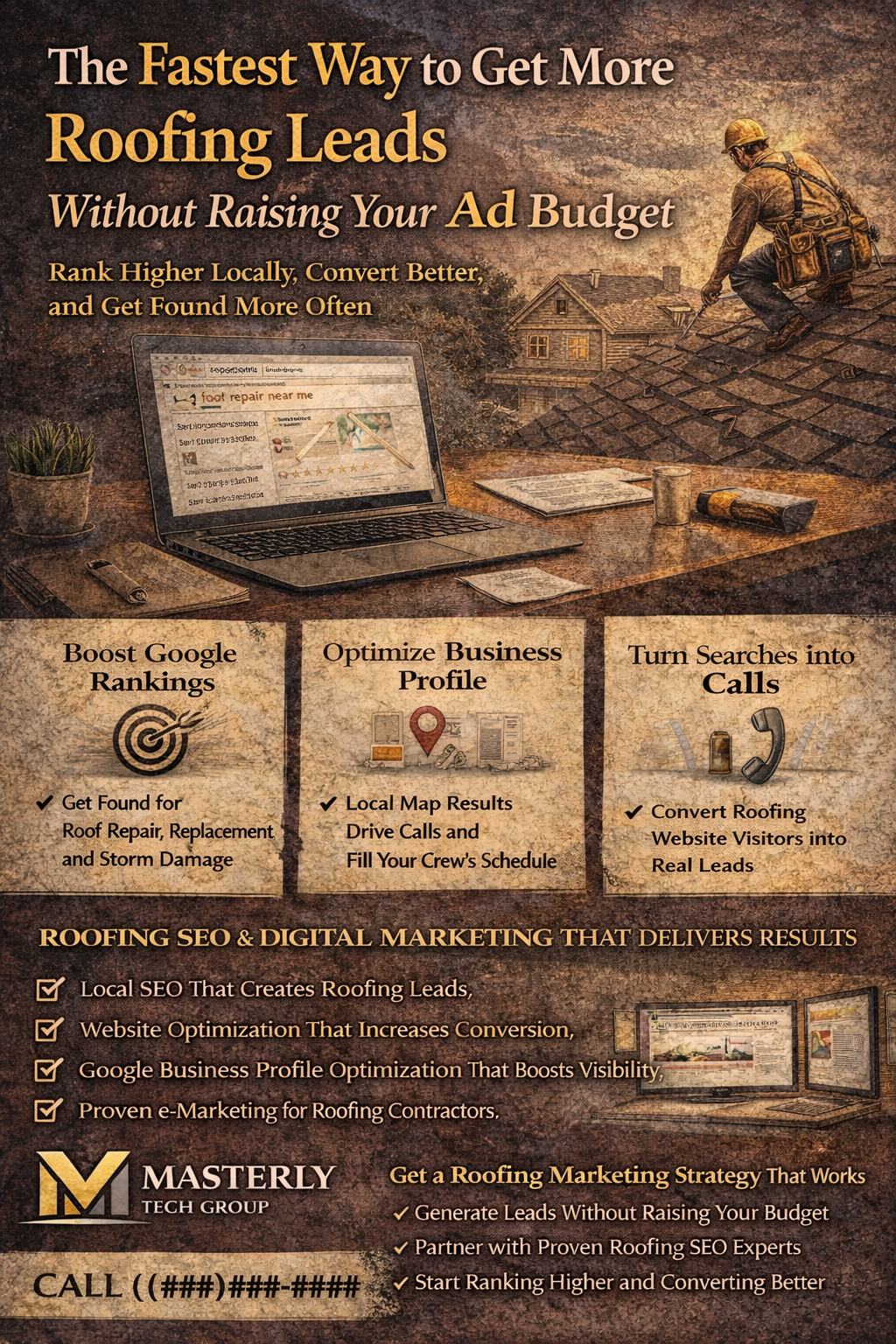 Digital ad for Masterly Tech Group promoting roofing lead generation through local SEO, Google Business Profile optimization, and converting searches into calls—without increasing ad spend.