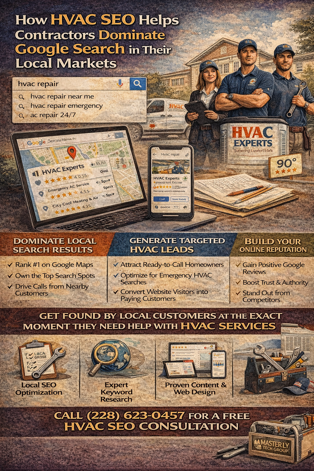 How HVAC SEO Helps Contractors Dominate Google Search in Their Local Markets” showing HVAC technicians standing in front of service vehicles alongside Google search results for HVAC repair. The image illustrates local SEO benefits such as ranking on Google Maps, generating targeted HVAC leads, and building online reputation through reviews. Visual elements include search queries like “HVAC repair near me,” map listings, star ratings, mobile and desktop views, and icons representing keyword research, content, and web design, emphasizing how HVAC SEO drives local visibility and service calls.