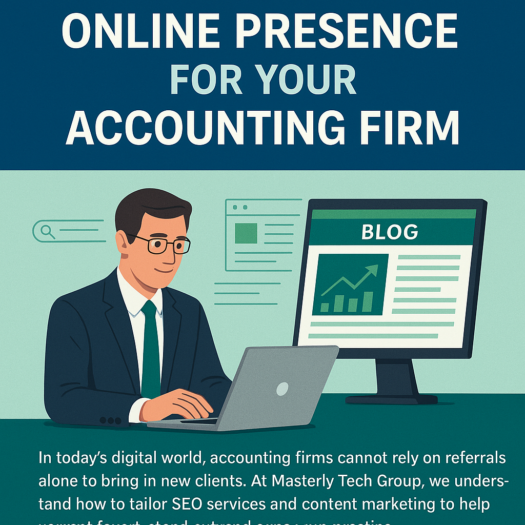 Digital graphic design promoting building a strong online presence for accounting firms. The top section has bold white text on a deep blue background that reads “ONLINE PRESENCE FOR YOUR ACCOUNTING FIRM.” Below, an illustrated accountant in a suit and glasses works on a laptop beside a large monitor displaying a blog page with a rising graph. Background elements include search icons and web page outlines. A paragraph below explains how Masterly Tech Group provides SEO and content marketing services to help accounting firms grow.