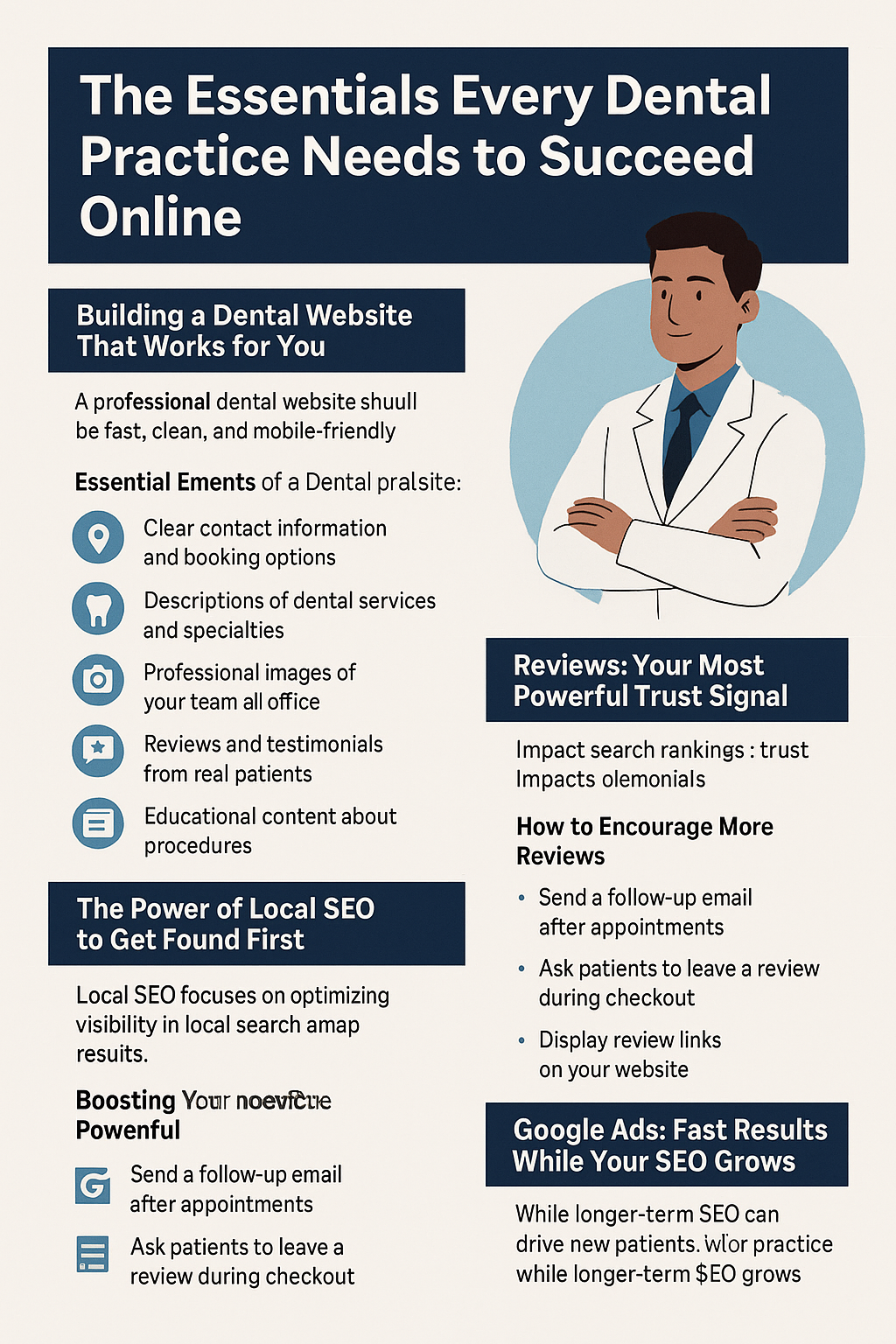 Building a Dental Website That Works for You – A professional, mobile-friendly website should include clear contact info, service descriptions, team photos, patient reviews, and educational content.