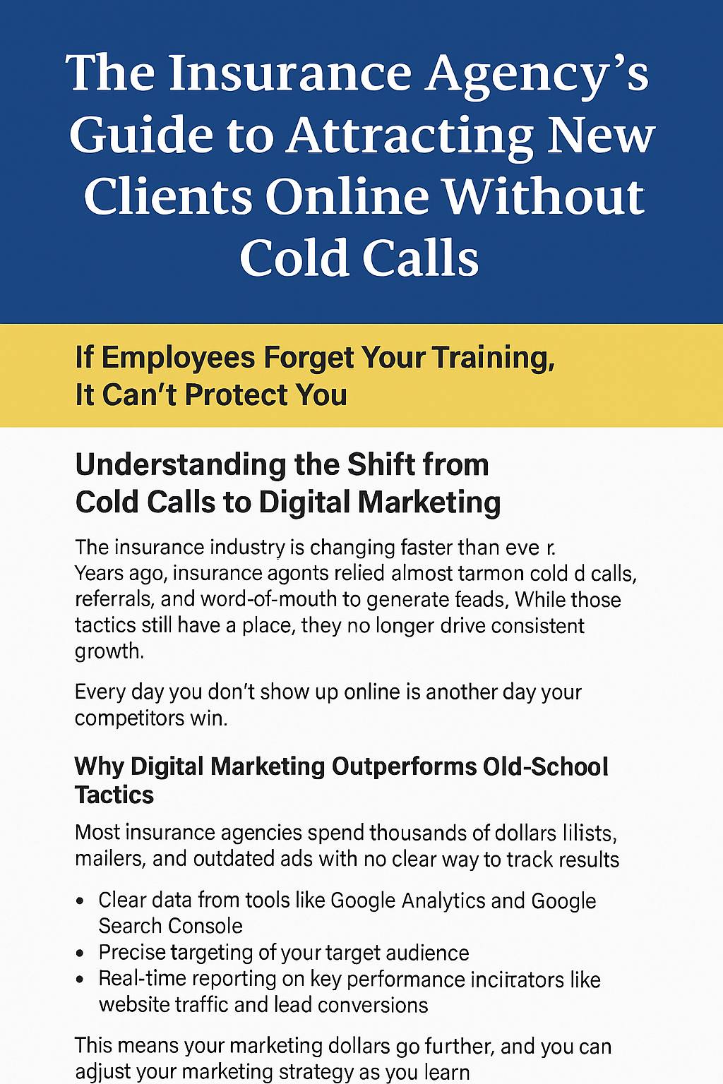 Digital graphic titled “The Insurance Agency’s Guide to Attracting New Clients Online Without Cold Calls,” featuring a blue header and yellow subheading emphasizing the importance of showing up online to outperform competitors. The image explains the shift from cold calls to digital marketing, listing benefits like clear data, precise targeting, and real-time reporting. Text includes bullet points describing Google Analytics, audience targeting, and performance metrics.