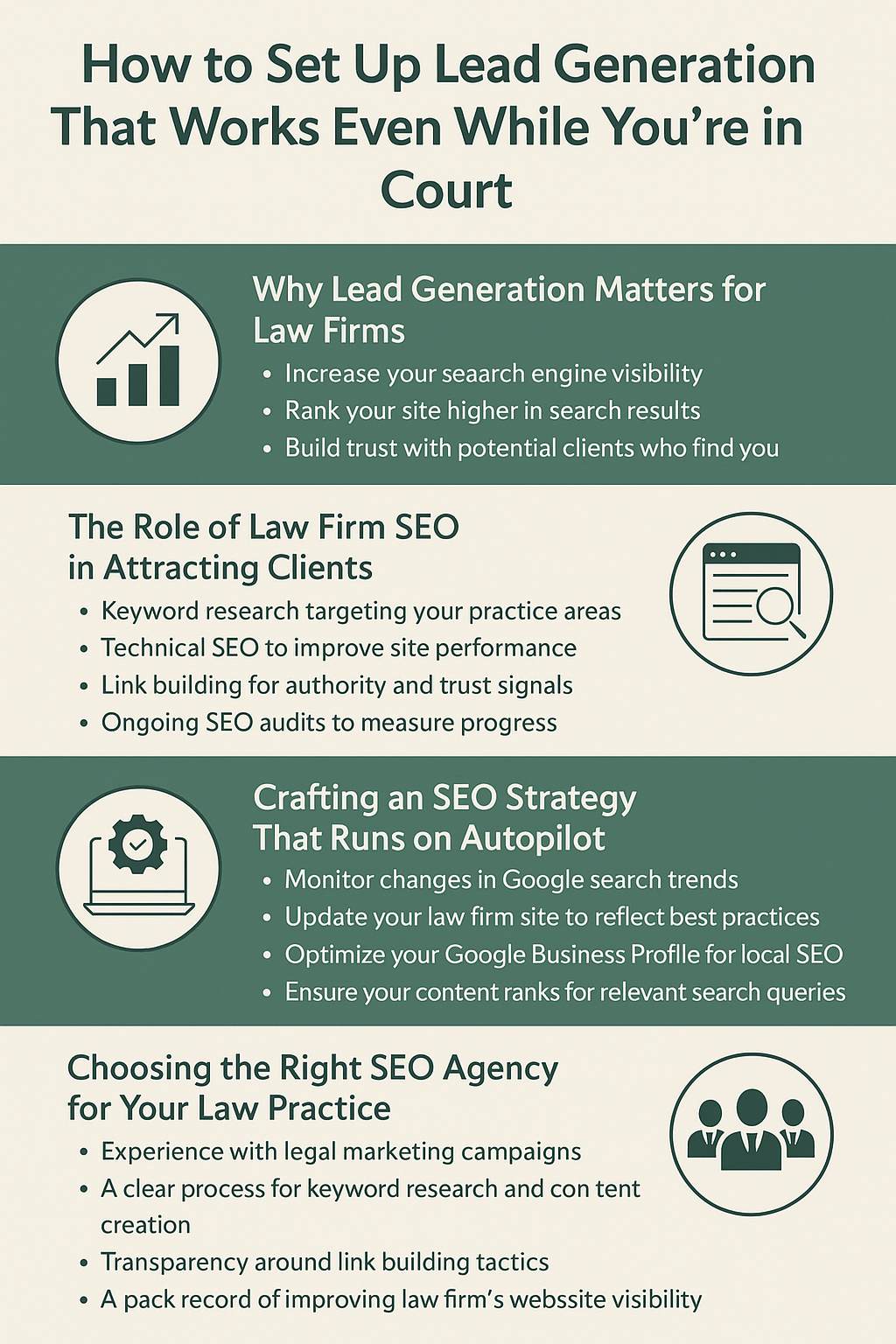 Infographic titled “How to Set Up Lead Generation That Works Even While You’re in Court,” designed for law firms. It has four sections with icons and bullet points. Section 1 explains why lead generation matters: increasing search engine visibility, ranking higher, and building trust. Section 2 describes the role of law firm SEO: keyword research, technical SEO, link building, and audits. Section 3 outlines crafting an SEO strategy that runs on autopilot: monitoring trends, updating sites, optimizing Google Business Profile, and ensuring content ranks. Section 4 highlights choosing the right SEO agency: experience in legal marketing, clear keyword research process, transparency in link building, and a proven track record.